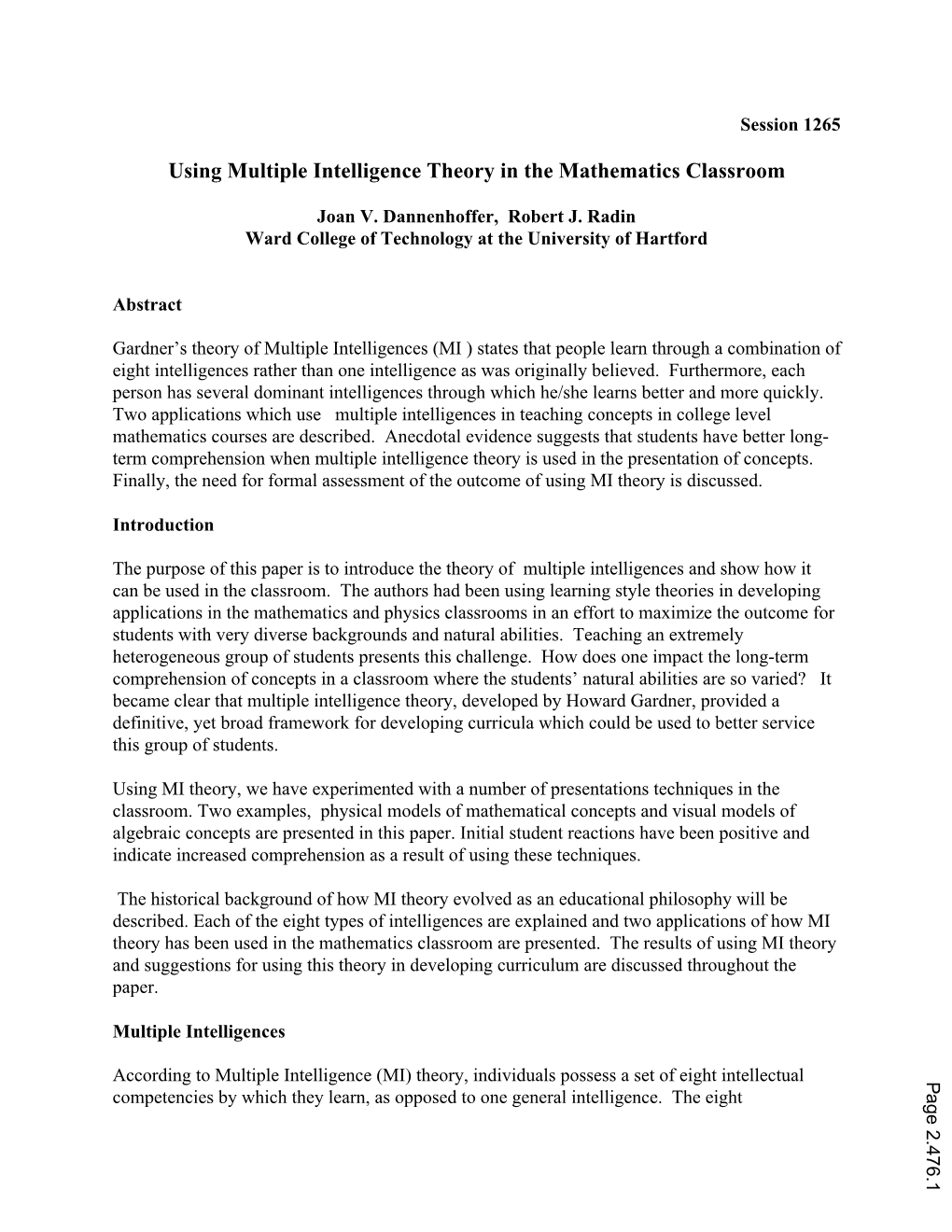 Using Multiple Intelligence Theory in the Mathematics Classroom