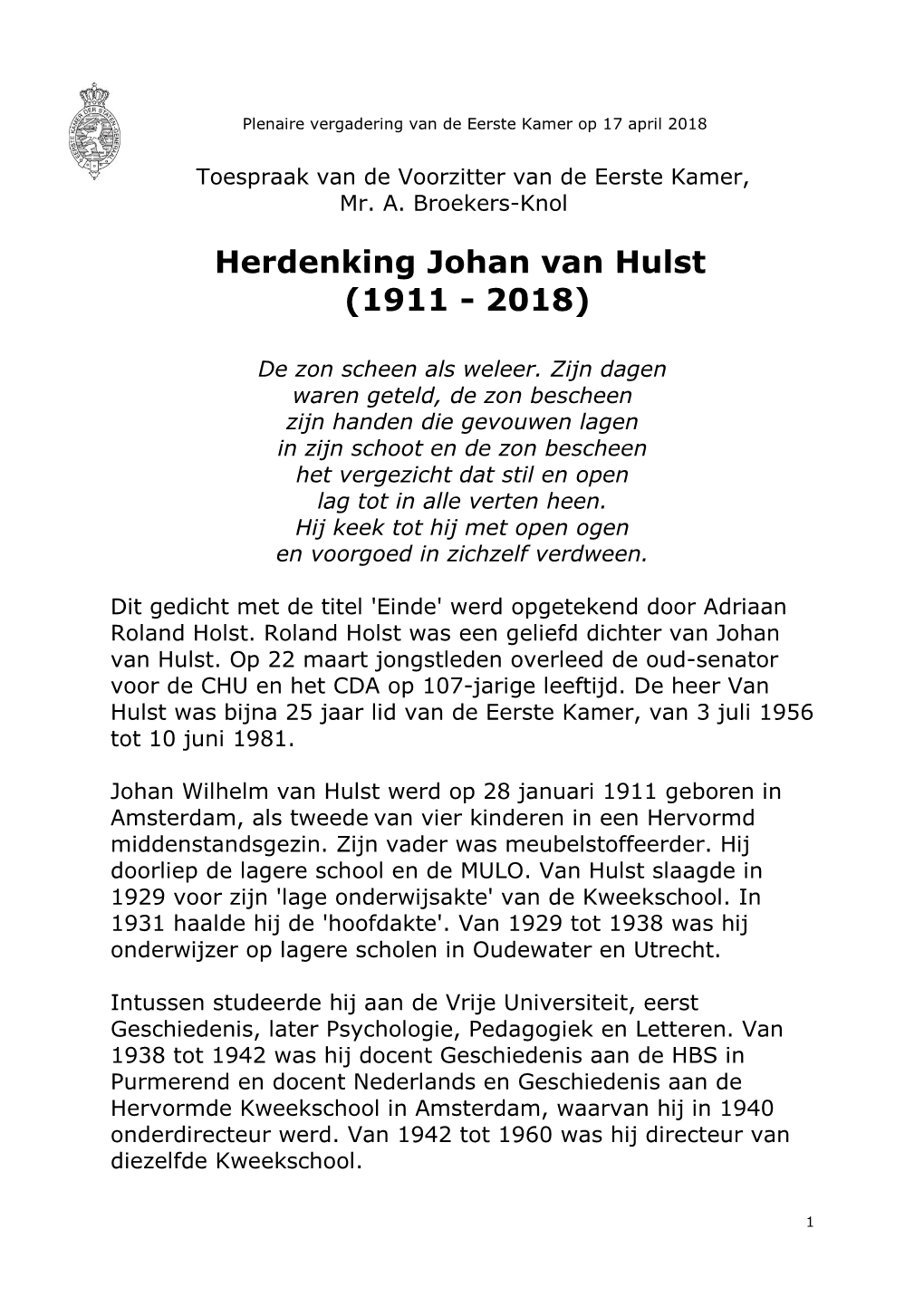 Necrologie Johan Van Hulst
