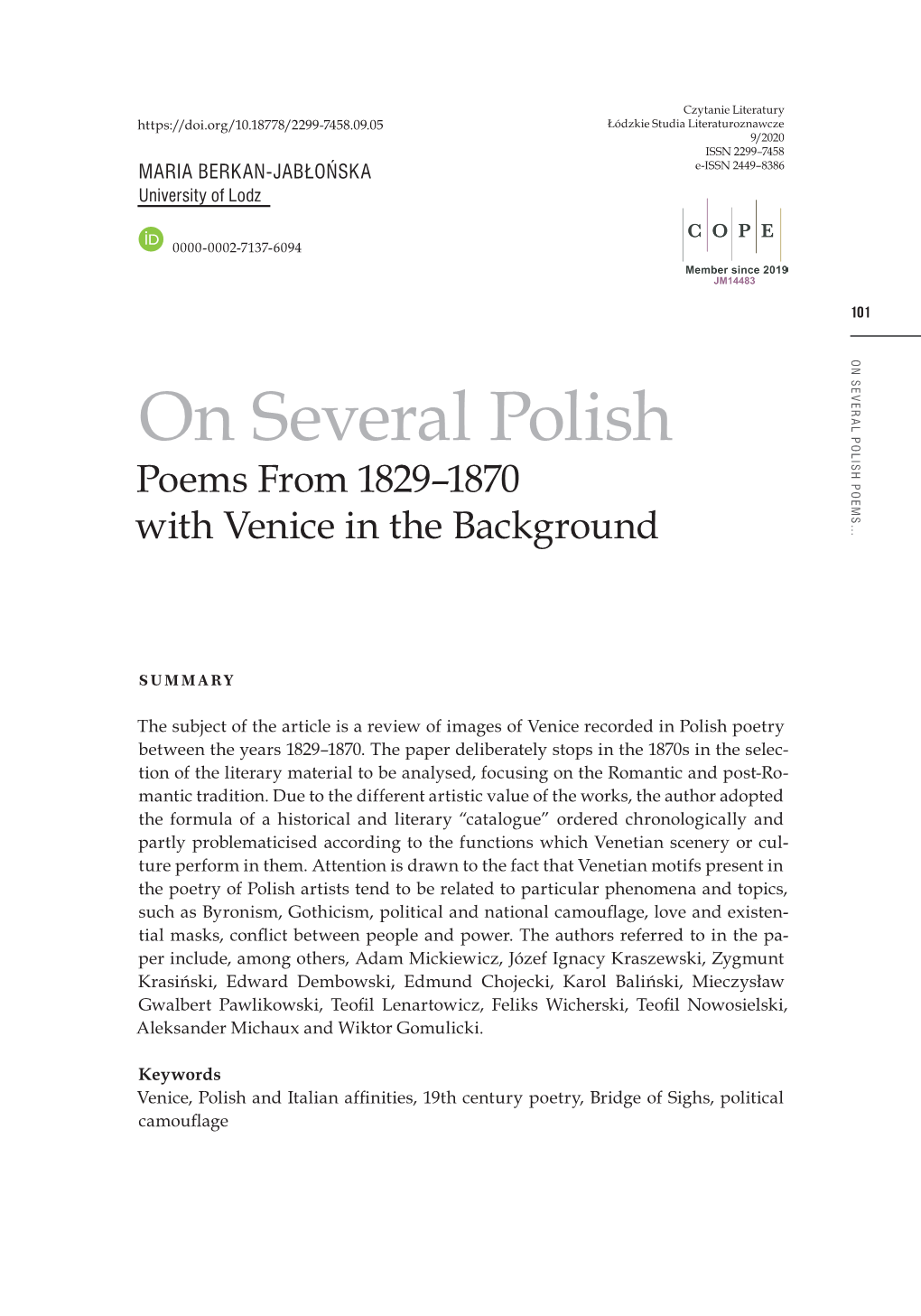 On Several Polish Poems from 1829Â•Fi1870 with Venice in the Background