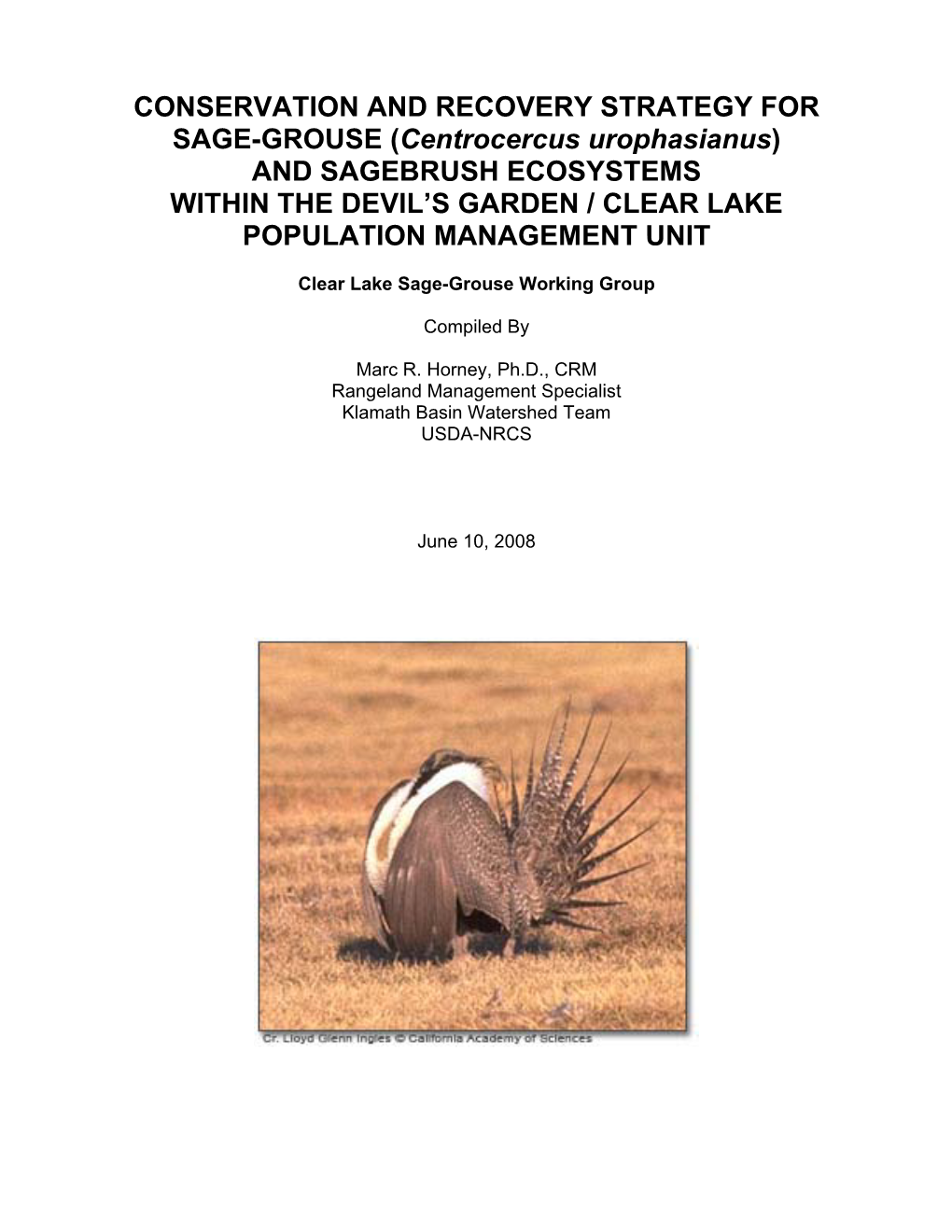 Conservation and Recovery Strategy for Sage-Grouse
