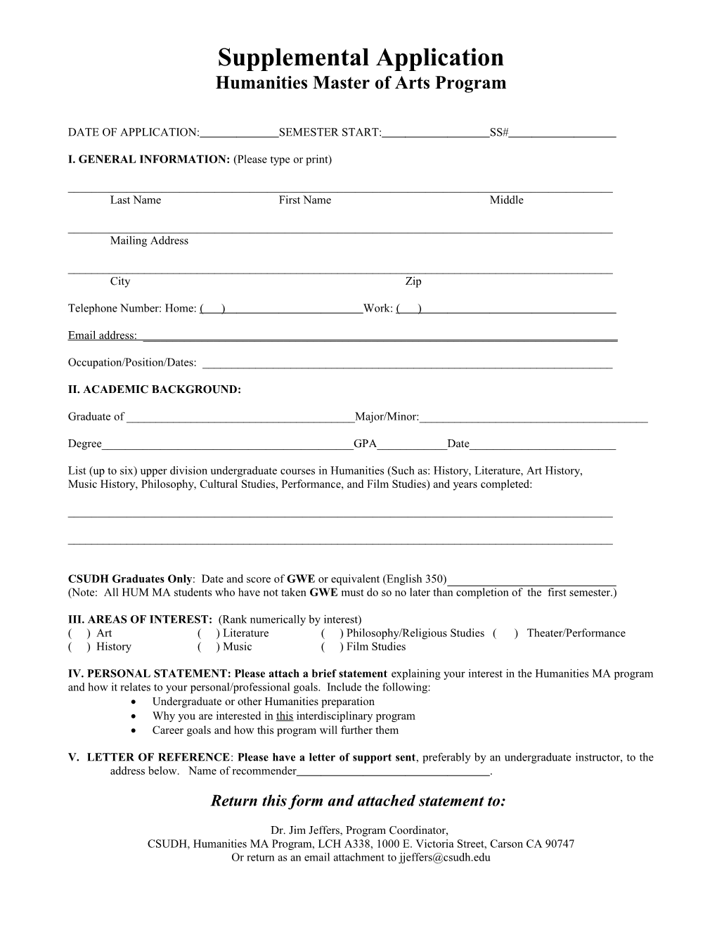 Supplemental Application for Admission