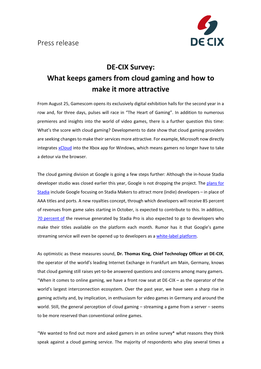 Press Release DE-CIX Survey: What Keeps Gamers from Cloud Gaming and How to Make It More Attractive