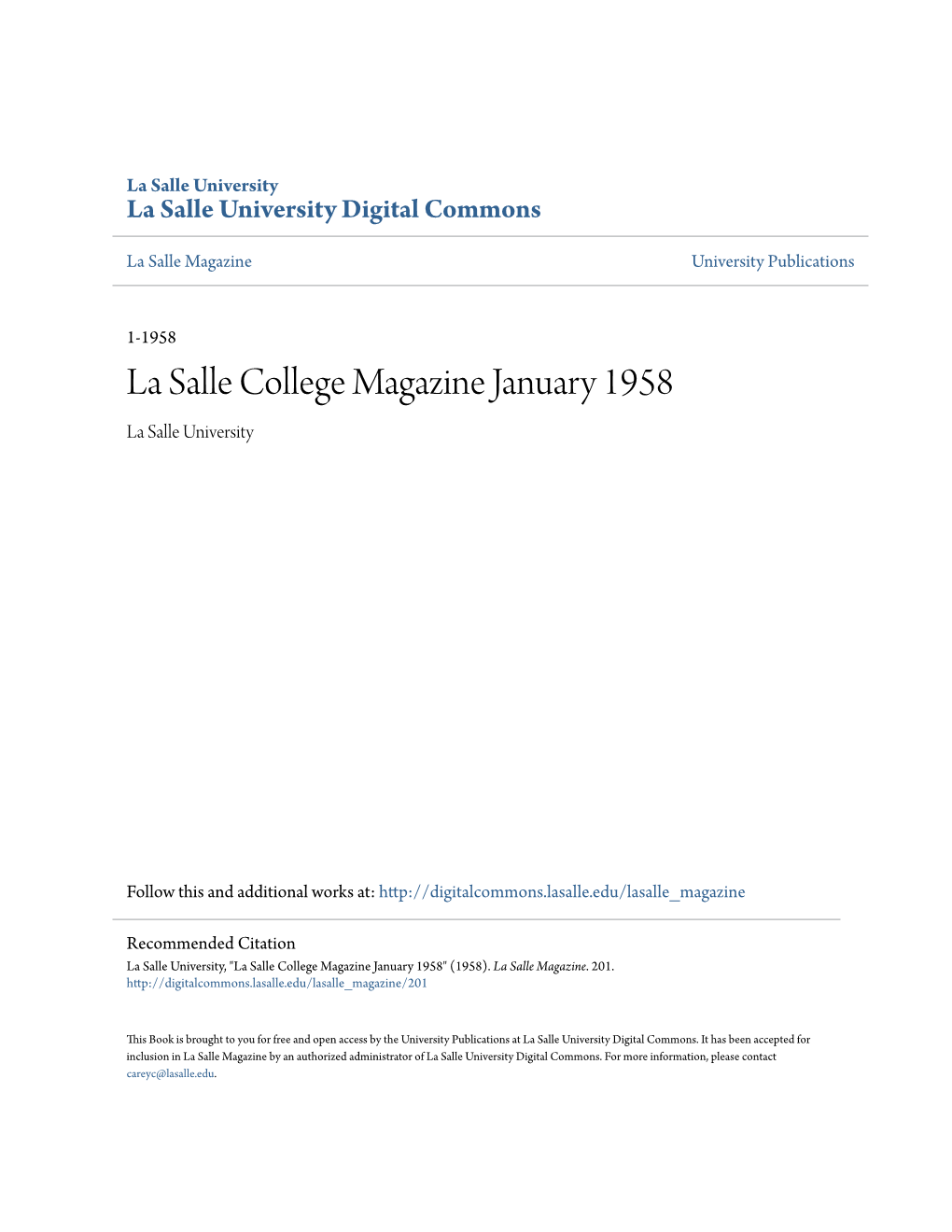 La Salle College Magazine January 1958 La Salle University