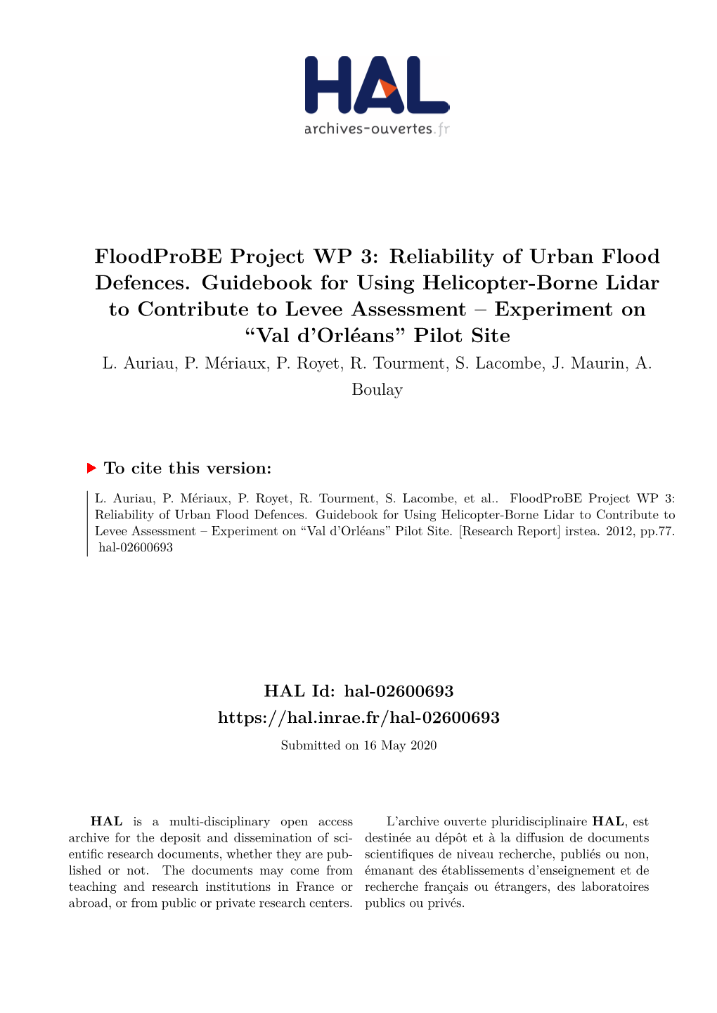 Reliability of Urban Flood Defences. Guidebook for Using Helicopter-Borne Lidar to Contribute to Levee Assessment – Experiment on “Val D’Orléans” Pilot Site L