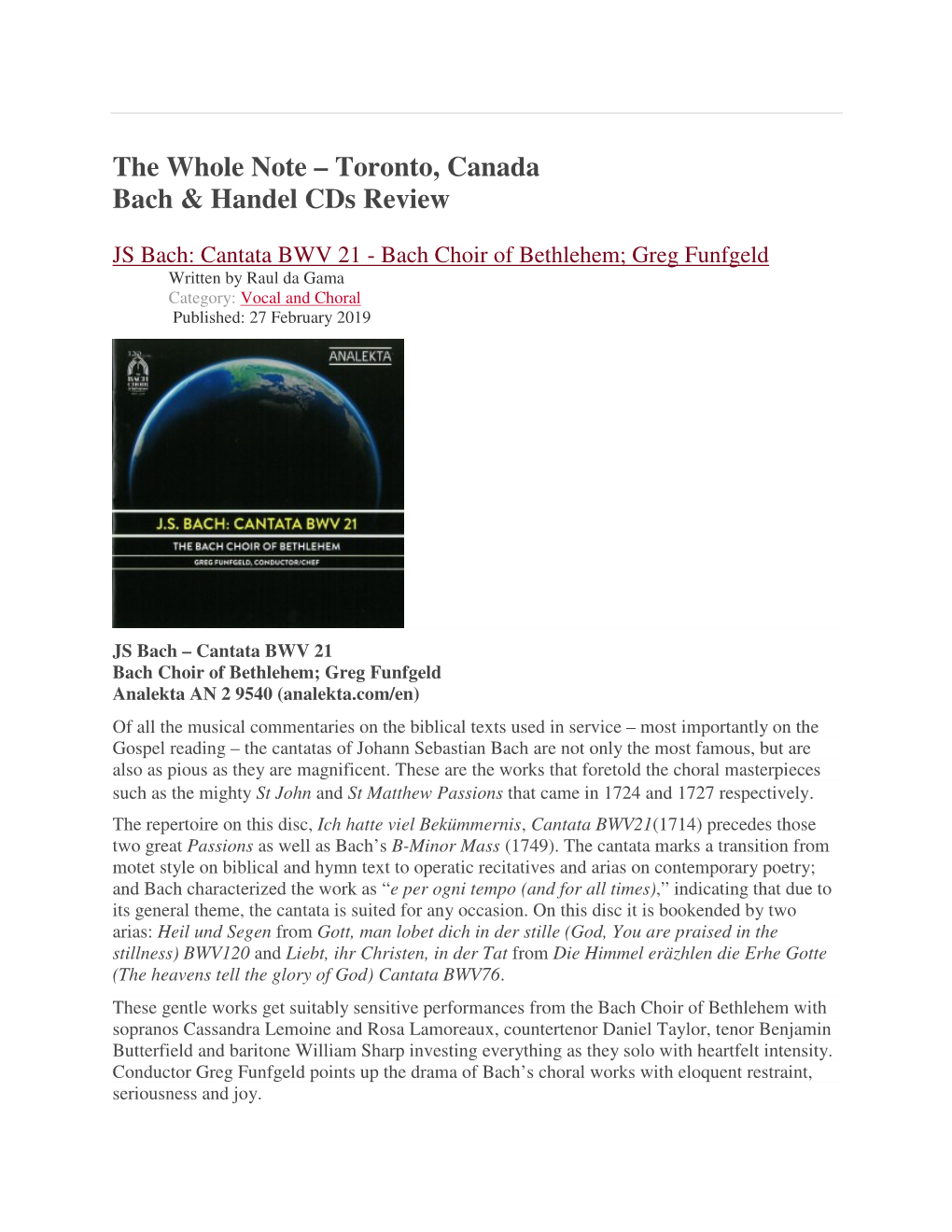 The Whole Note – Toronto, Canada Bach & Handel Cds Review