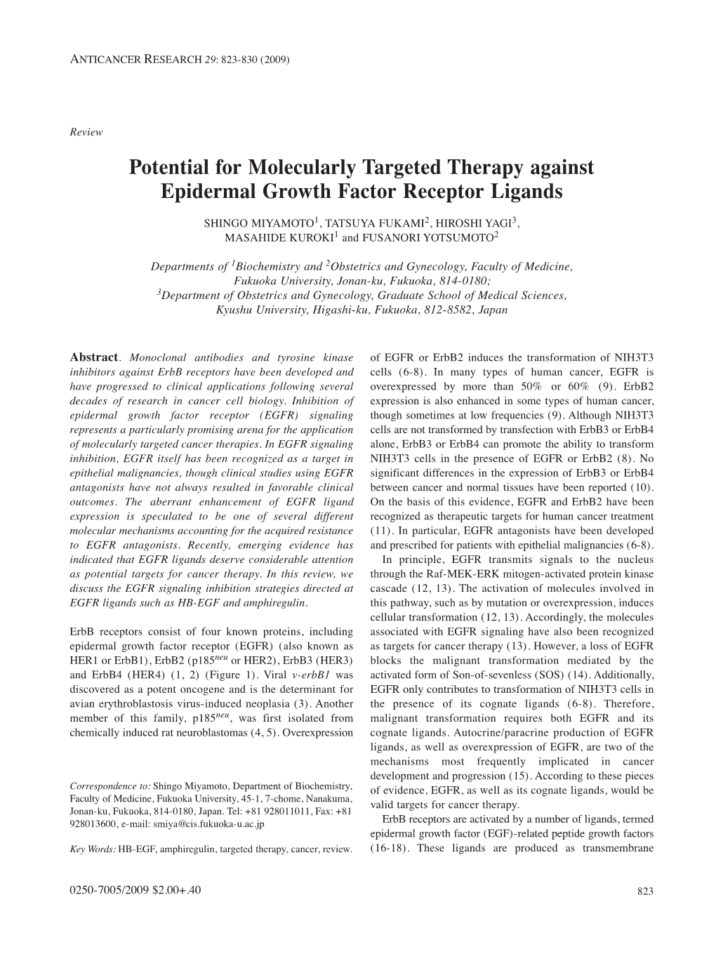 Potential for Molecularly Targeted Therapy Against Epidermal Growth Factor Receptor Ligands