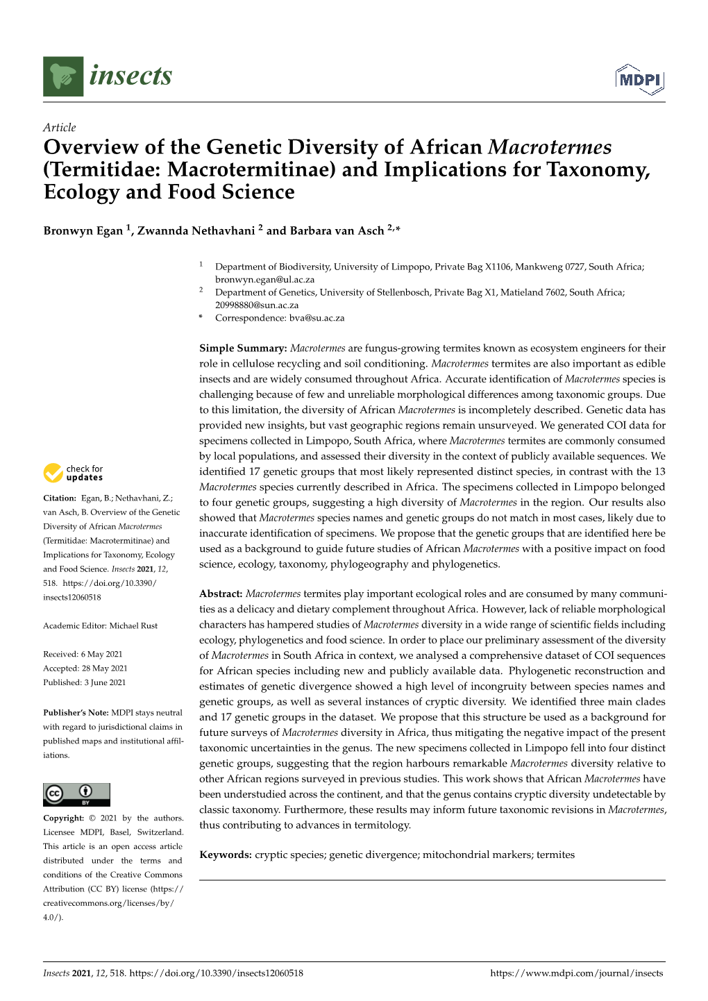 Overview of the Genetic Diversity of African Macrotermes (Termitidae: Macrotermitinae) and Implications for Taxonomy, Ecology and Food Science