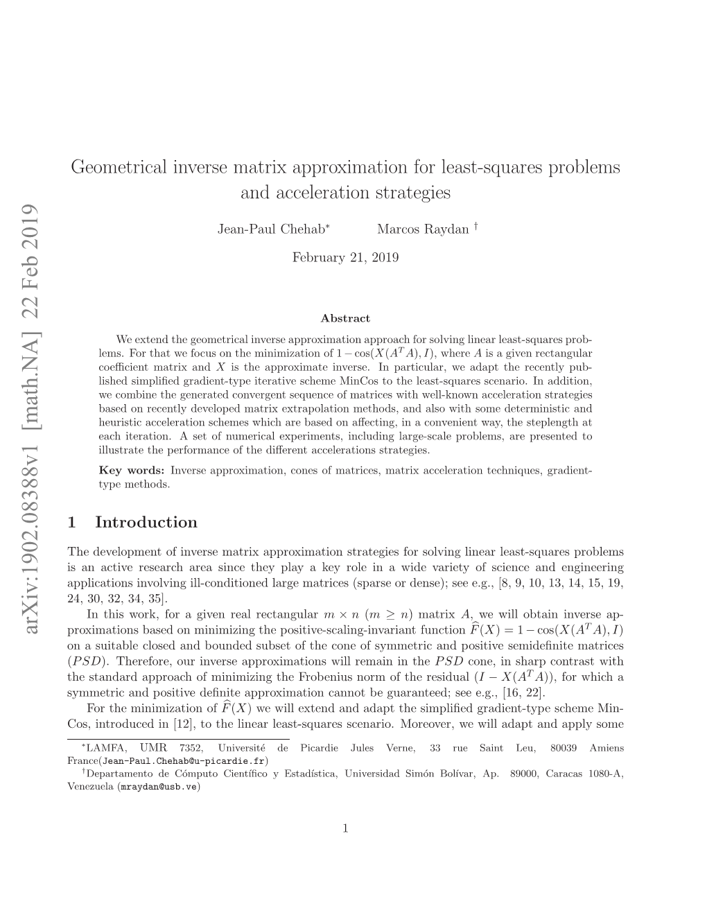 Geometrical Inverse Matrix Approximation for Least-Squares Problems and Acceleration Strategies