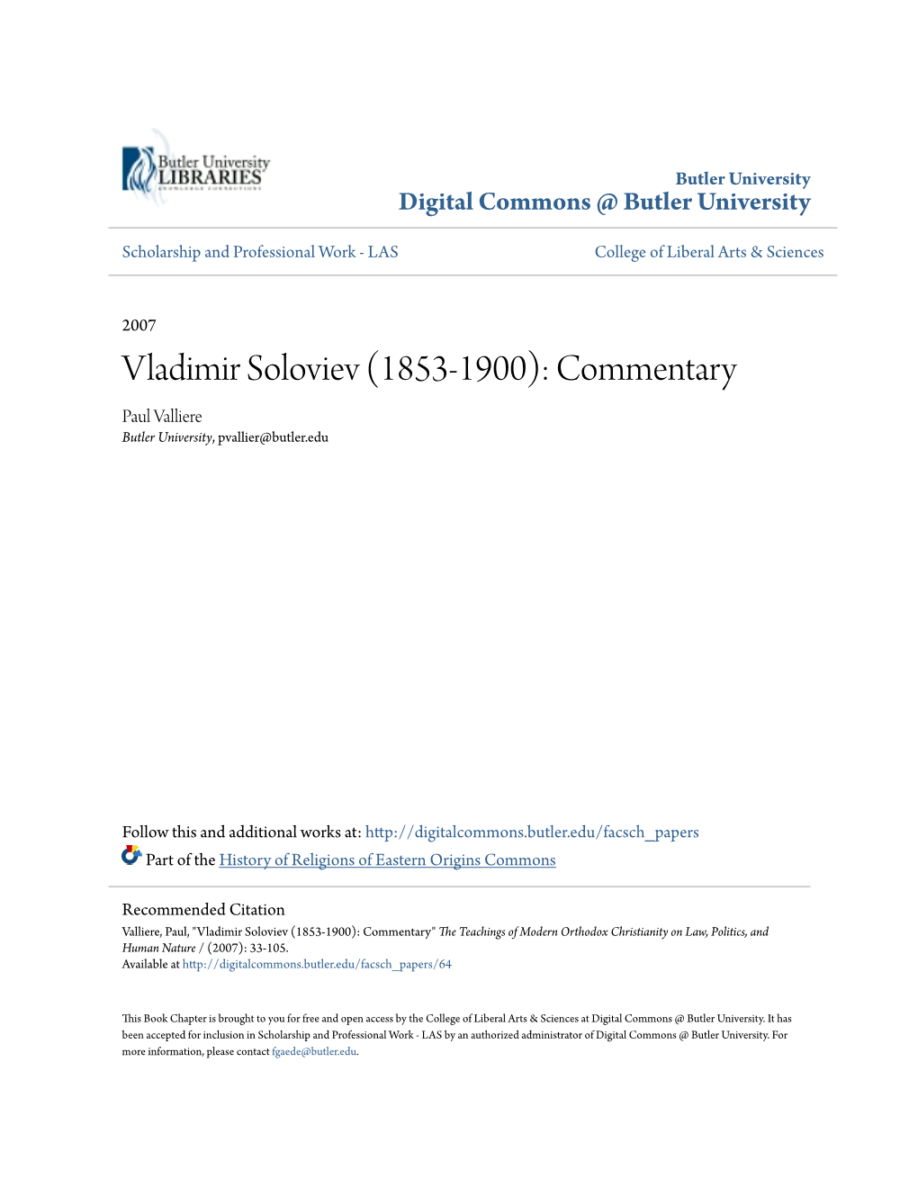 Vladimir Soloviev (1853-1900): Commentary Paul Valliere Butler University, Pvallier@Butler.Edu