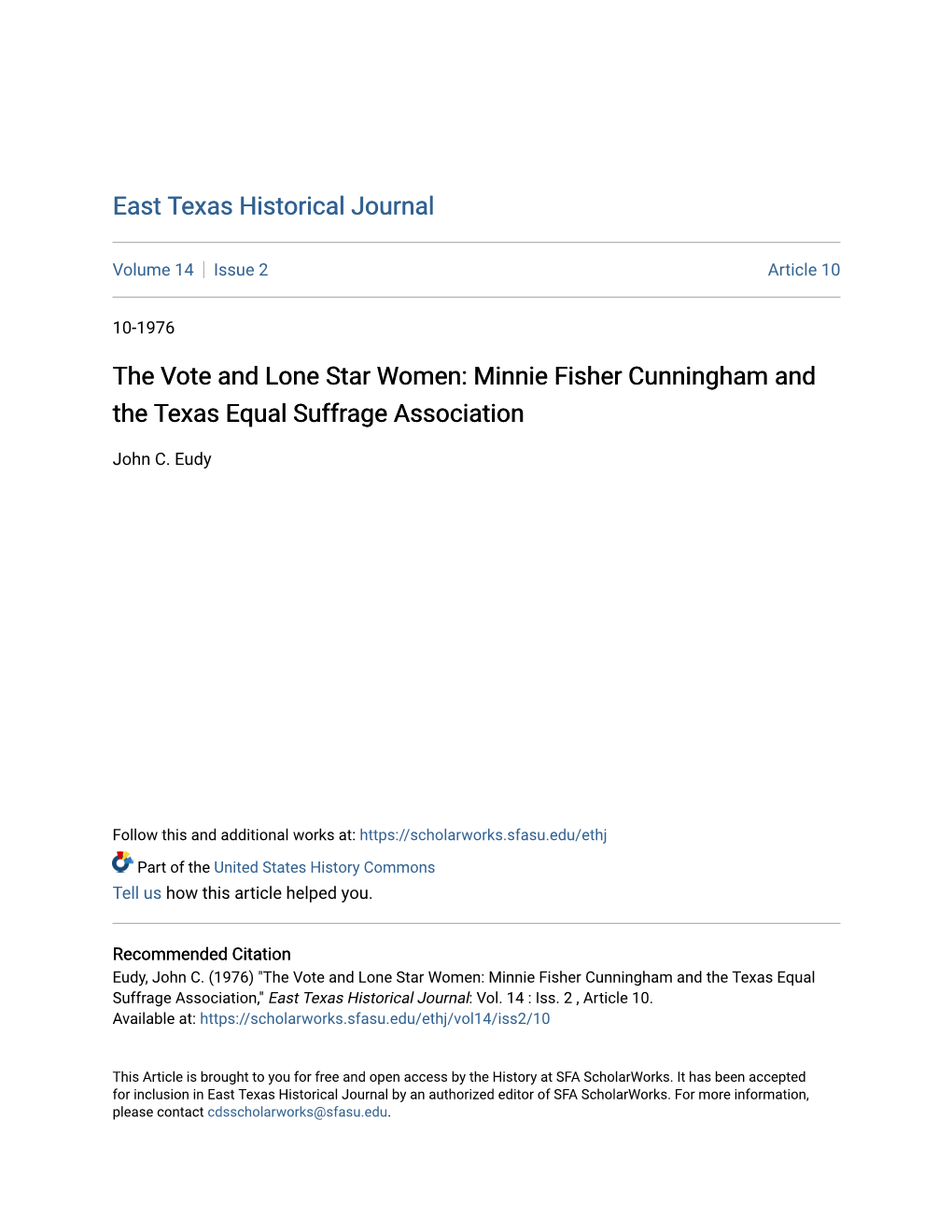 The Vote and Lone Star Women: Minnie Fisher Cunningham and the Texas Equal Suffrage Association