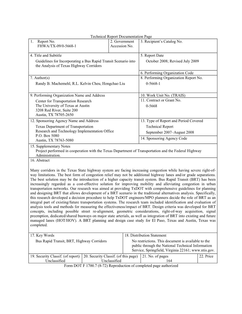 Guidelines for Incorporating a Bus Rapid Transit Scenario Into the Analysis of Texas Highway Corridors (0-5668-1)