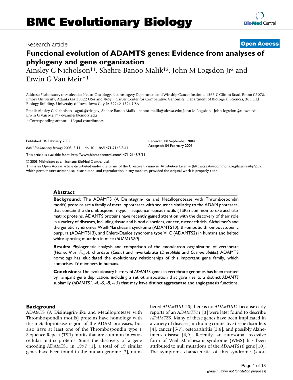 Functional Evolution of ADAMTS Genes: Evidence from Analyses Of