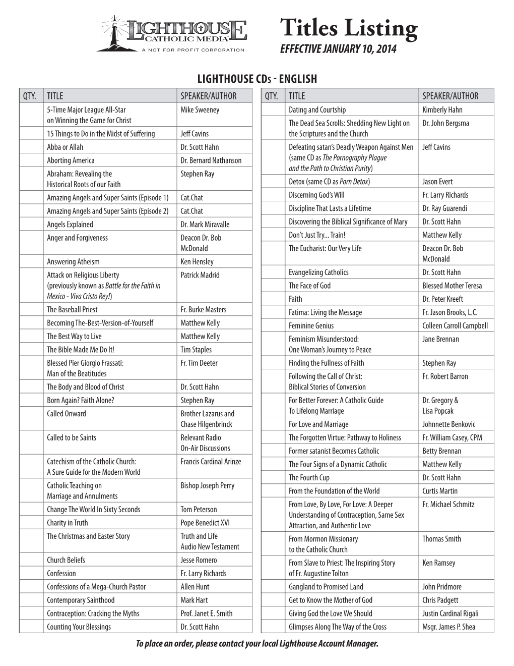 Titles Listing EFFECTIVE JANUARY 10, 2014