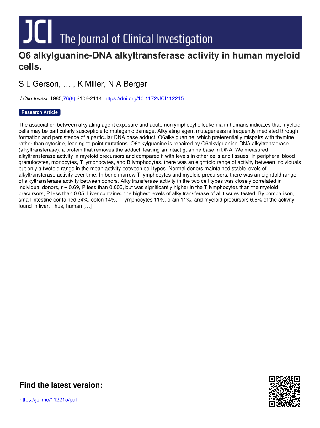 O6 Alkylguanine-DNA Alkyltransferase Activity in Human Myeloid Cells