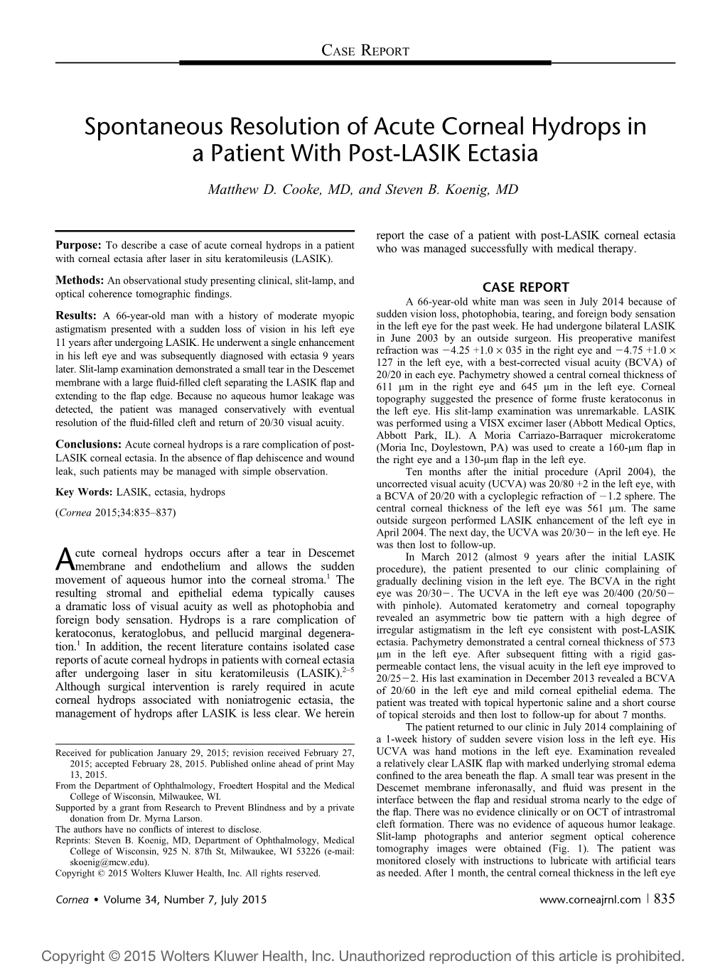 Spontaneous Resolution of Acute Corneal Hydrops in a Patient with Post-LASIK Ectasia