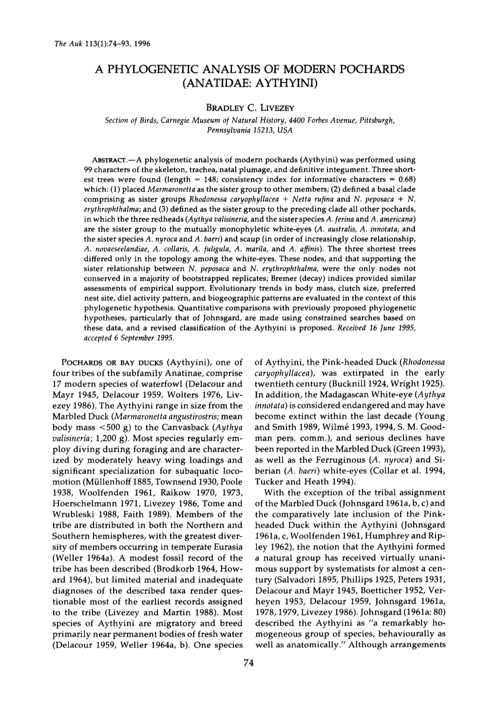 A Phylogenetic Analysis of Modern Pochards (Anatidae: Aythyini)