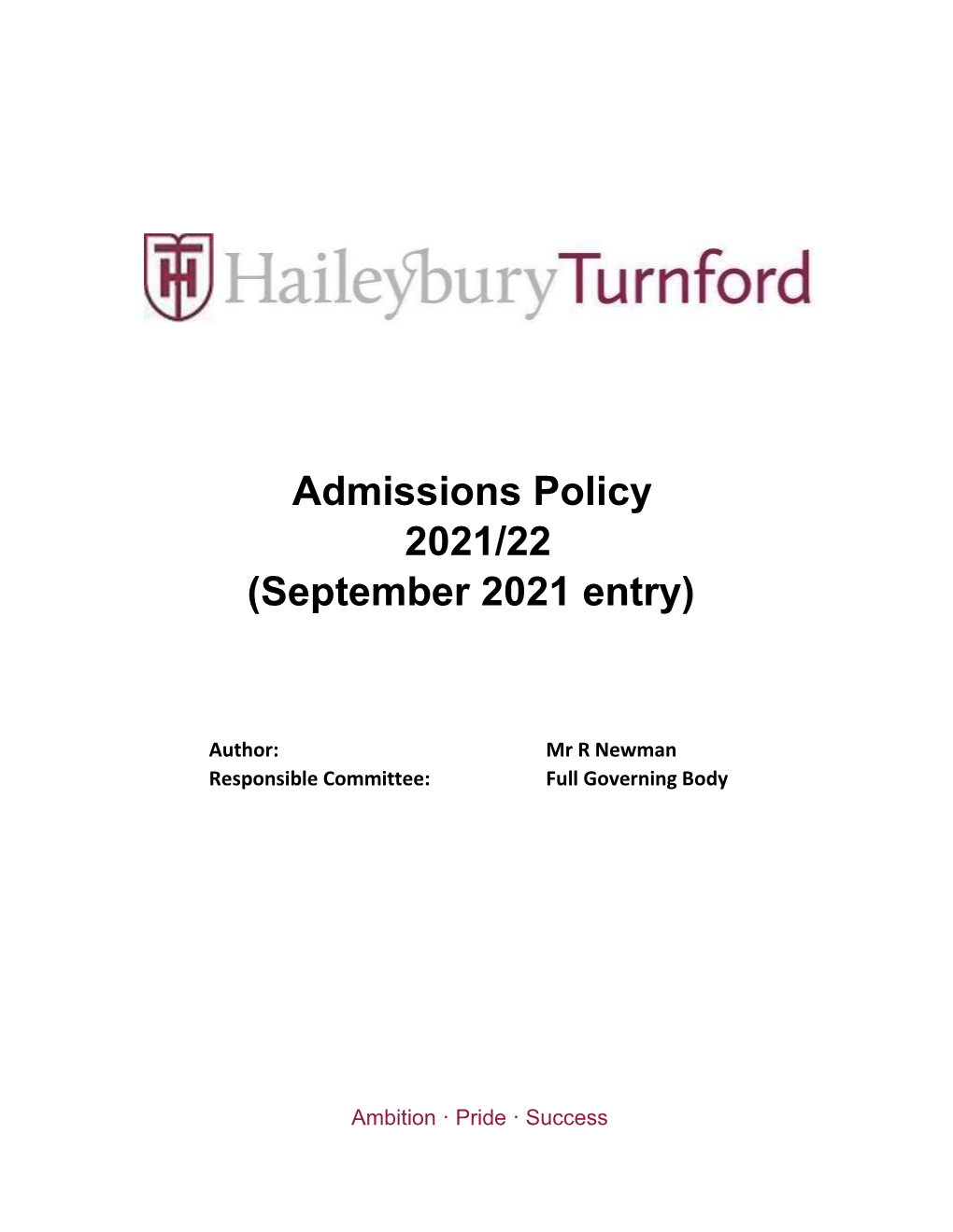 Admissions Policy 2021/22 (September 2021 Entry)