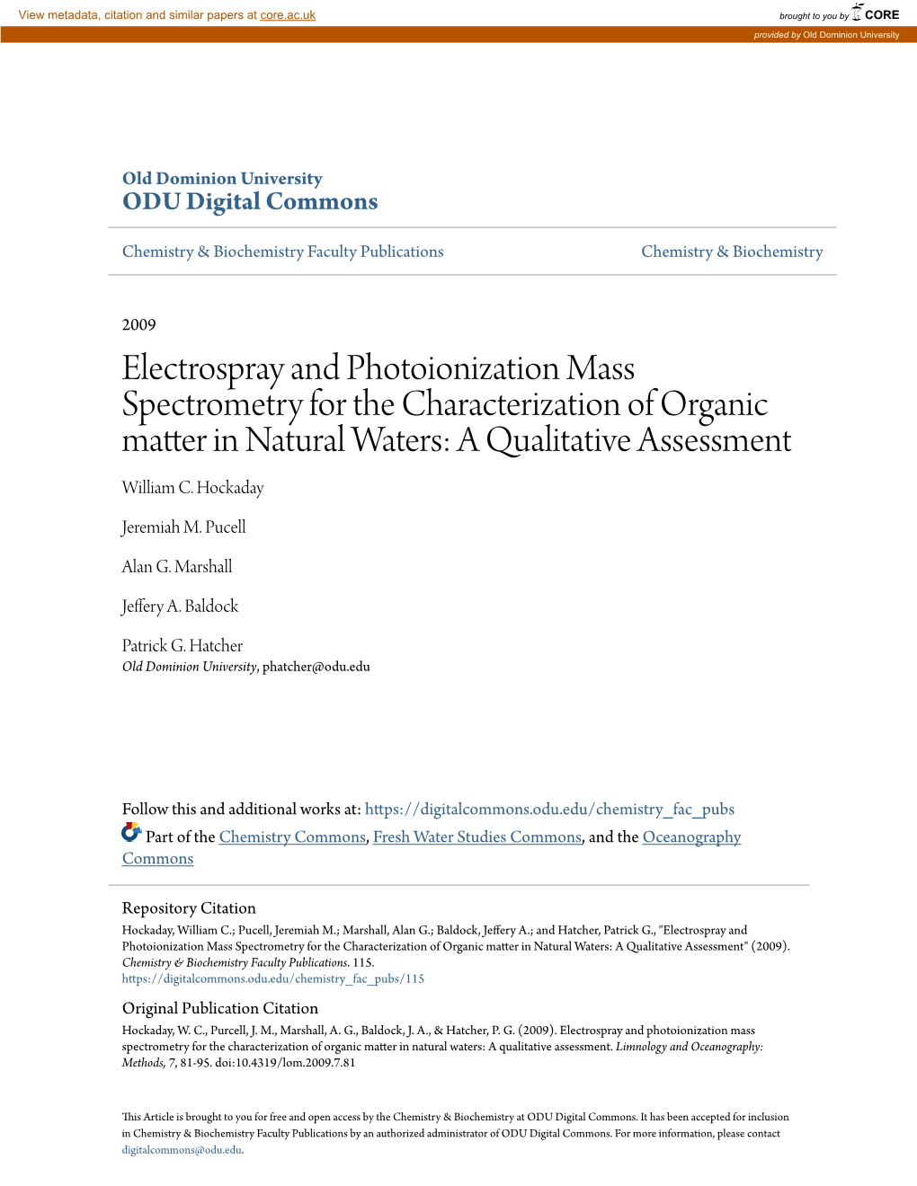 Electrospray and Photoionization Mass Spectrometry for the Characterization of Organic Matter in Natural Waters: a Qualitative Assessment William C
