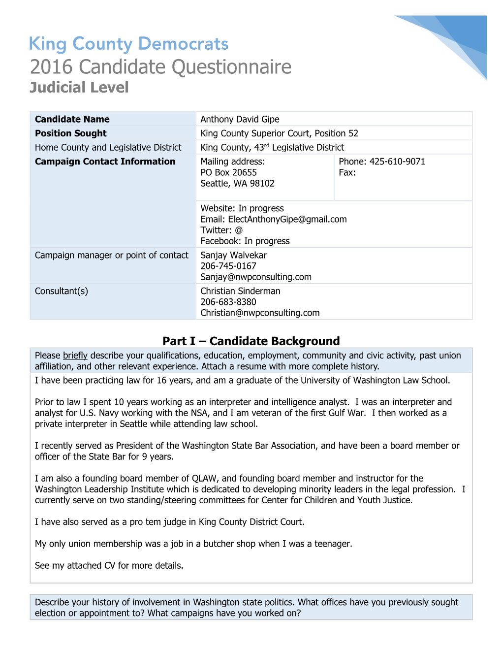 2016 Candidate Questionnaire Judicial Level