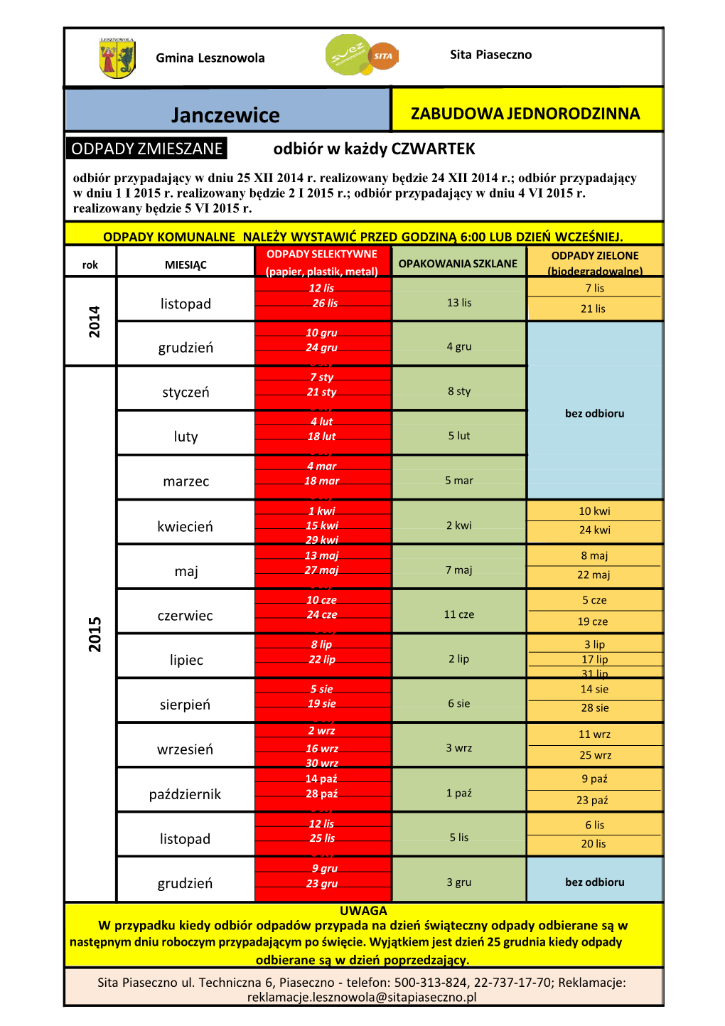 Janczewice ZABUDOWA JEDNORODZINNA ODPADY ZMIESZANE Odbiór W Każdy CZWARTEK Odbiór Przypadający W Dniu 25 XII 2014 R