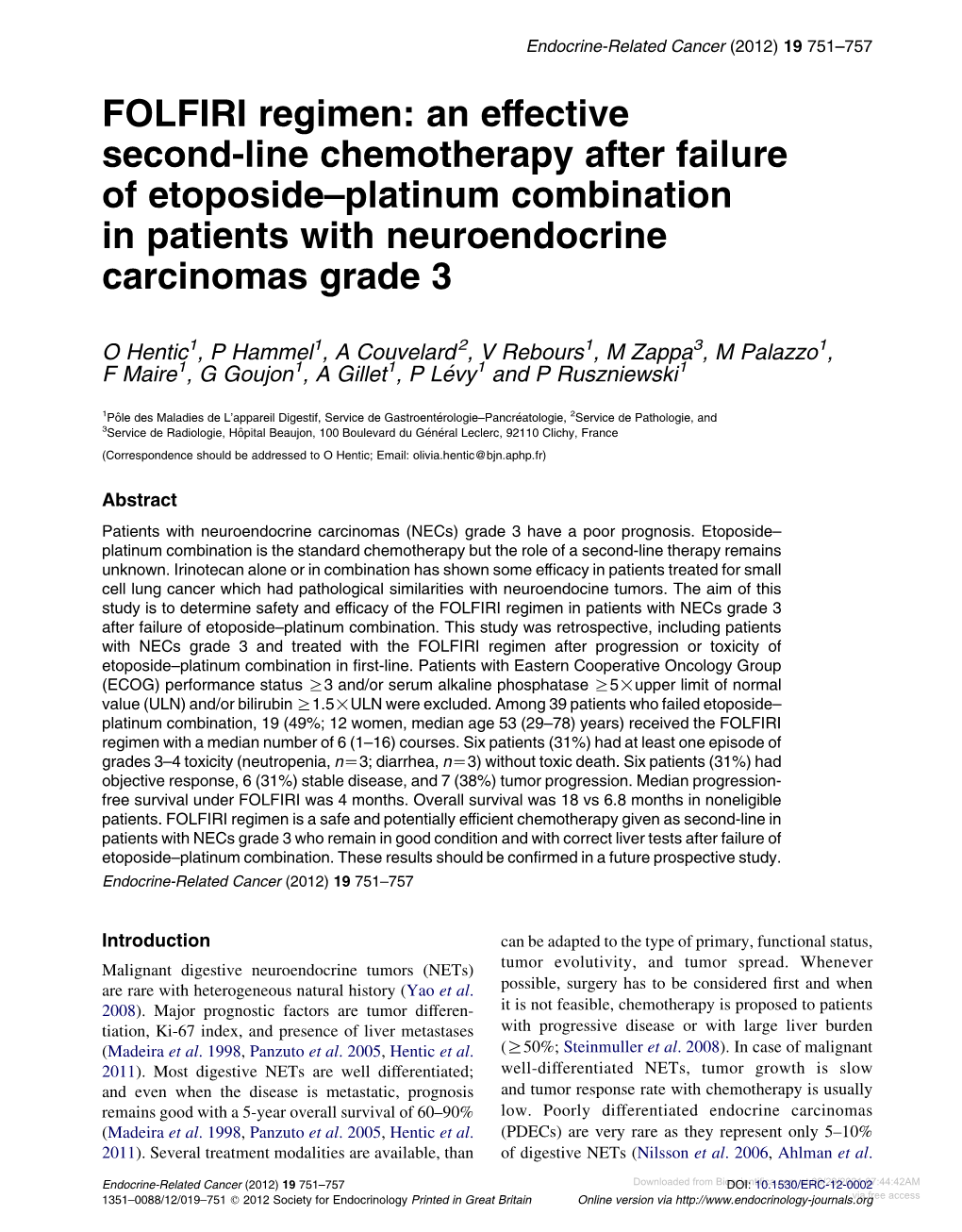 FOLFIRI Regimen: an Effective Second-Line Chemotherapy After Failure of Etoposide–Platinum Combination in Patients with Neuroendocrine Carcinomas Grade 3