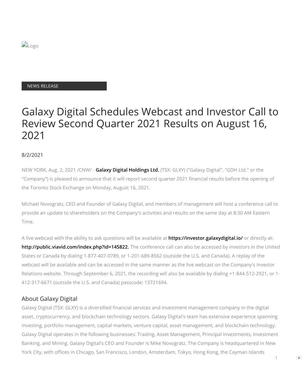Galaxy Digital Schedules Webcast and Investor Call to Review Second Quarter 2021 Results on August 16, 2021