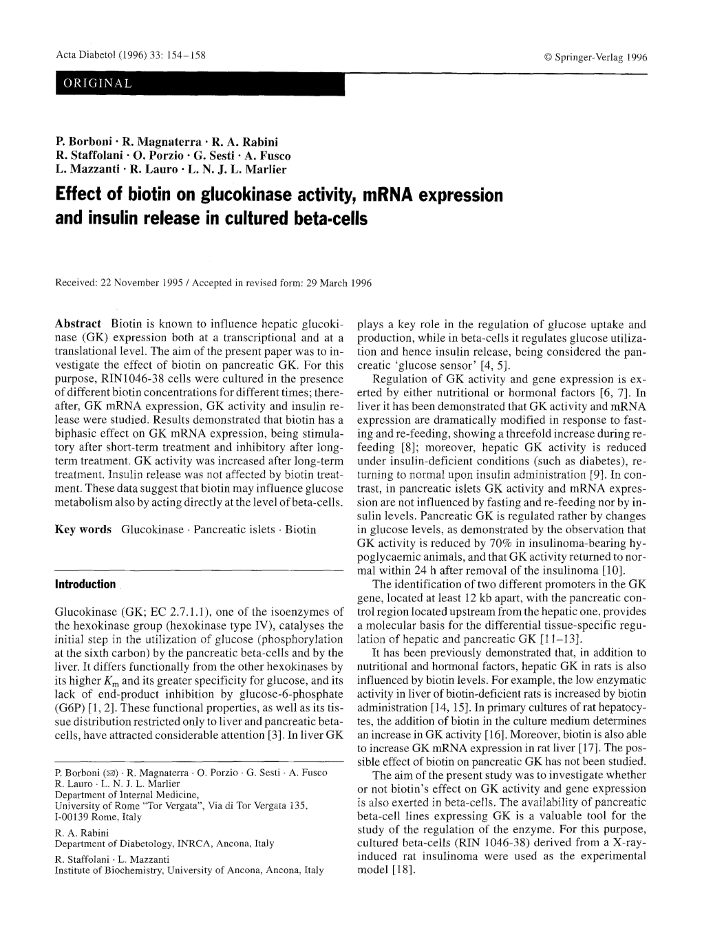 Effect of Biotin on Glucokinase Activity, Mrna Expression and Insulin Release in Cultured Beta-Cells