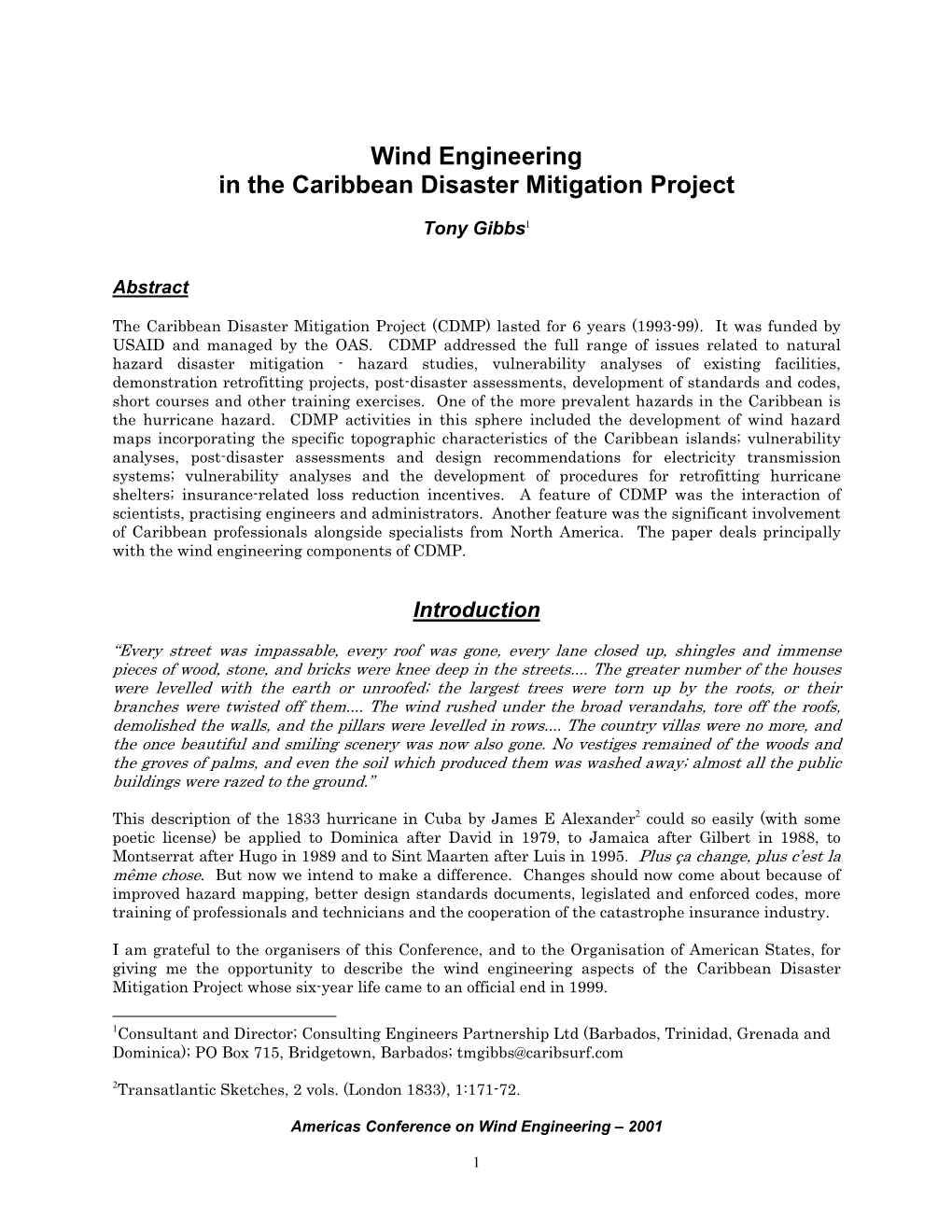Wind Engineering in the Caribbean Disaster Mitigation Project
