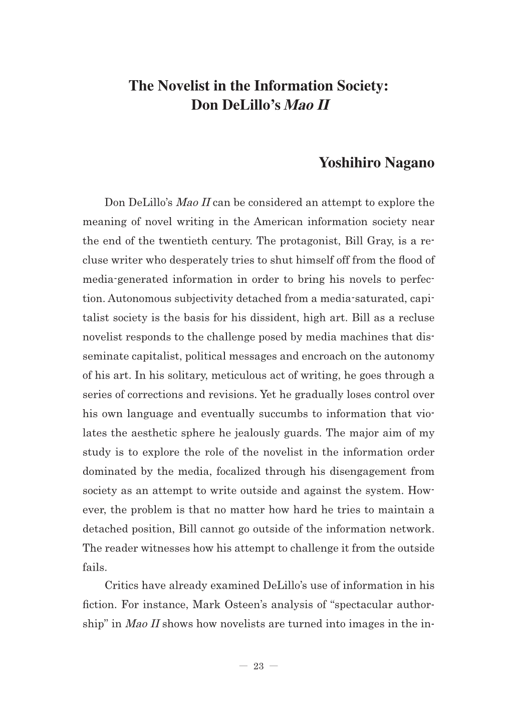 Don Delillo's Mao II Yoshihiro Nagano