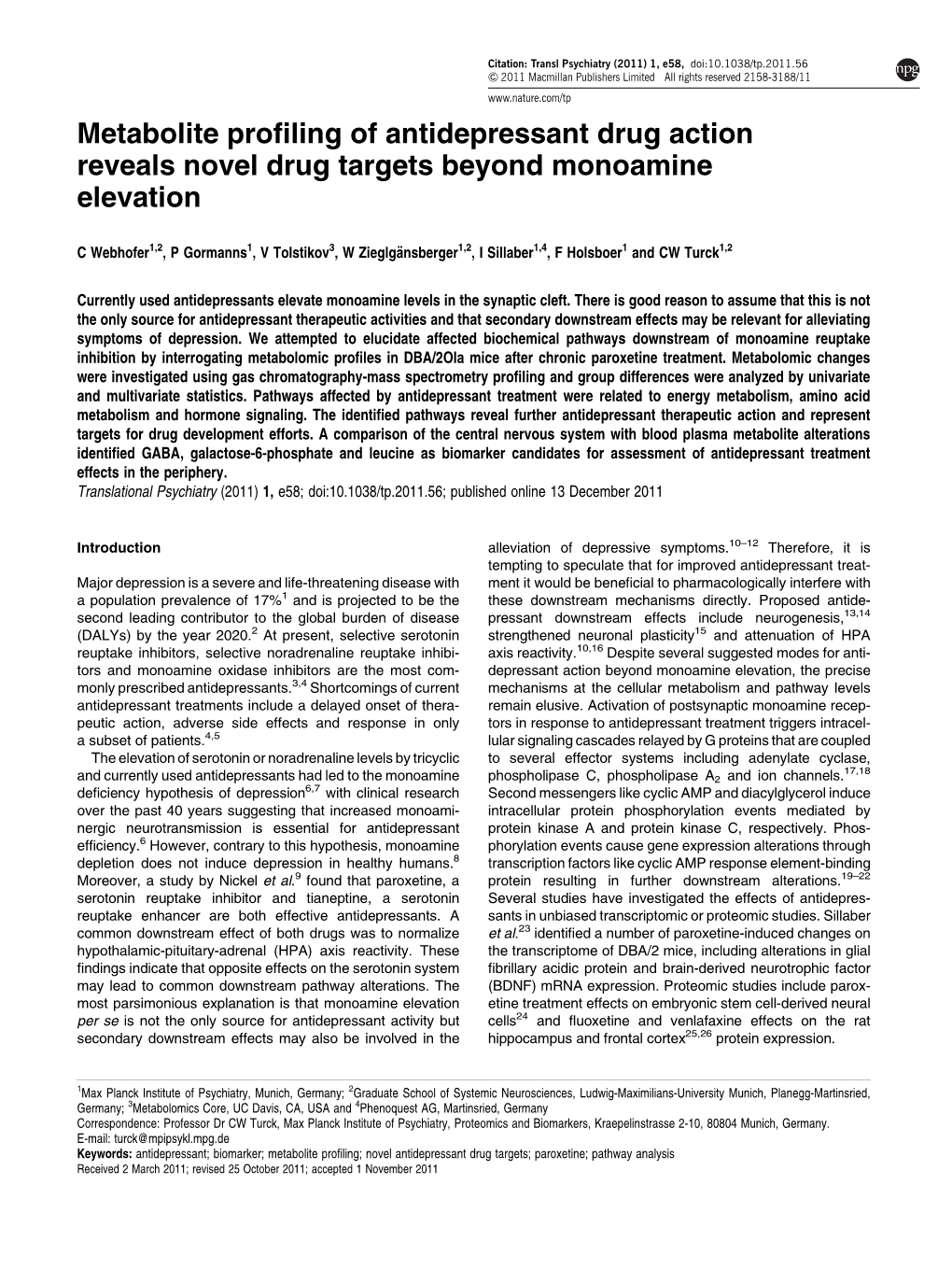 Metabolite Profiling of Antidepressant Drug Action Reveals