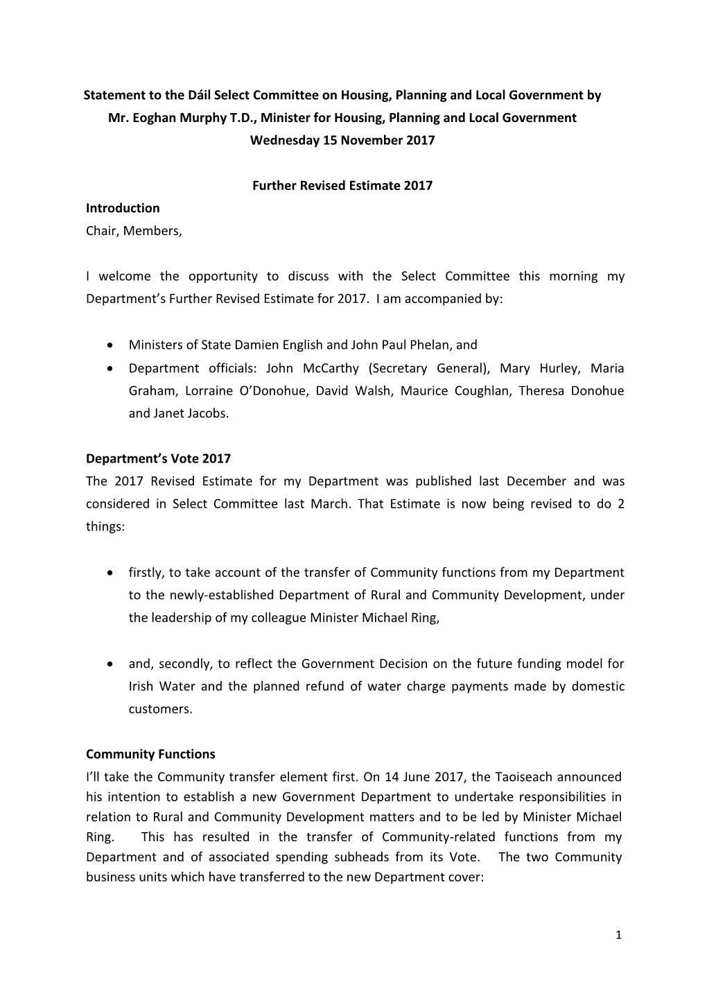 Statement to the Dáil Select Committee on Housing, Planning and Local Government by Mr. Eoghan Murphy T.D., Minister for Housi