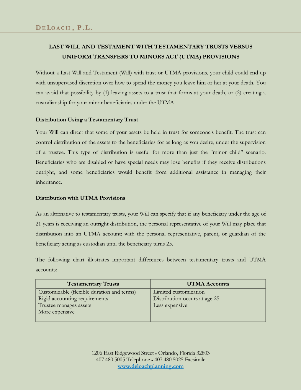 Last Will and Testament with Testamentary Trusts Versus Uniform Transfers to Minors Act (Utma) Provisions