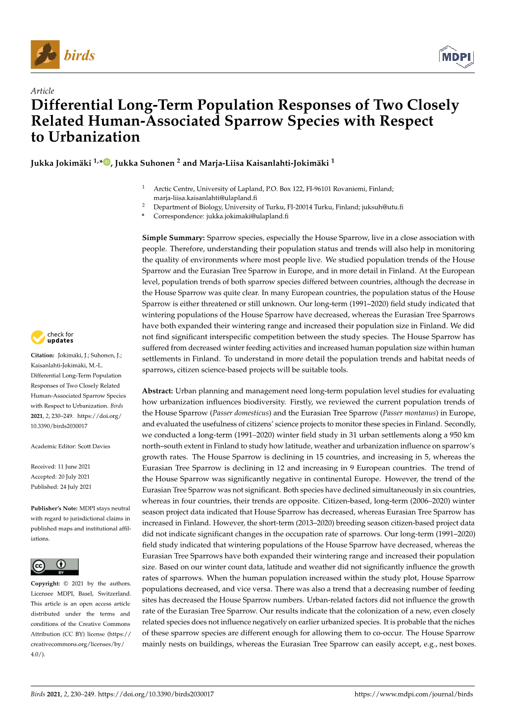 Differential Long-Term Population Responses of Two Closely Related Human-Associated Sparrow Species with Respect to Urbanization