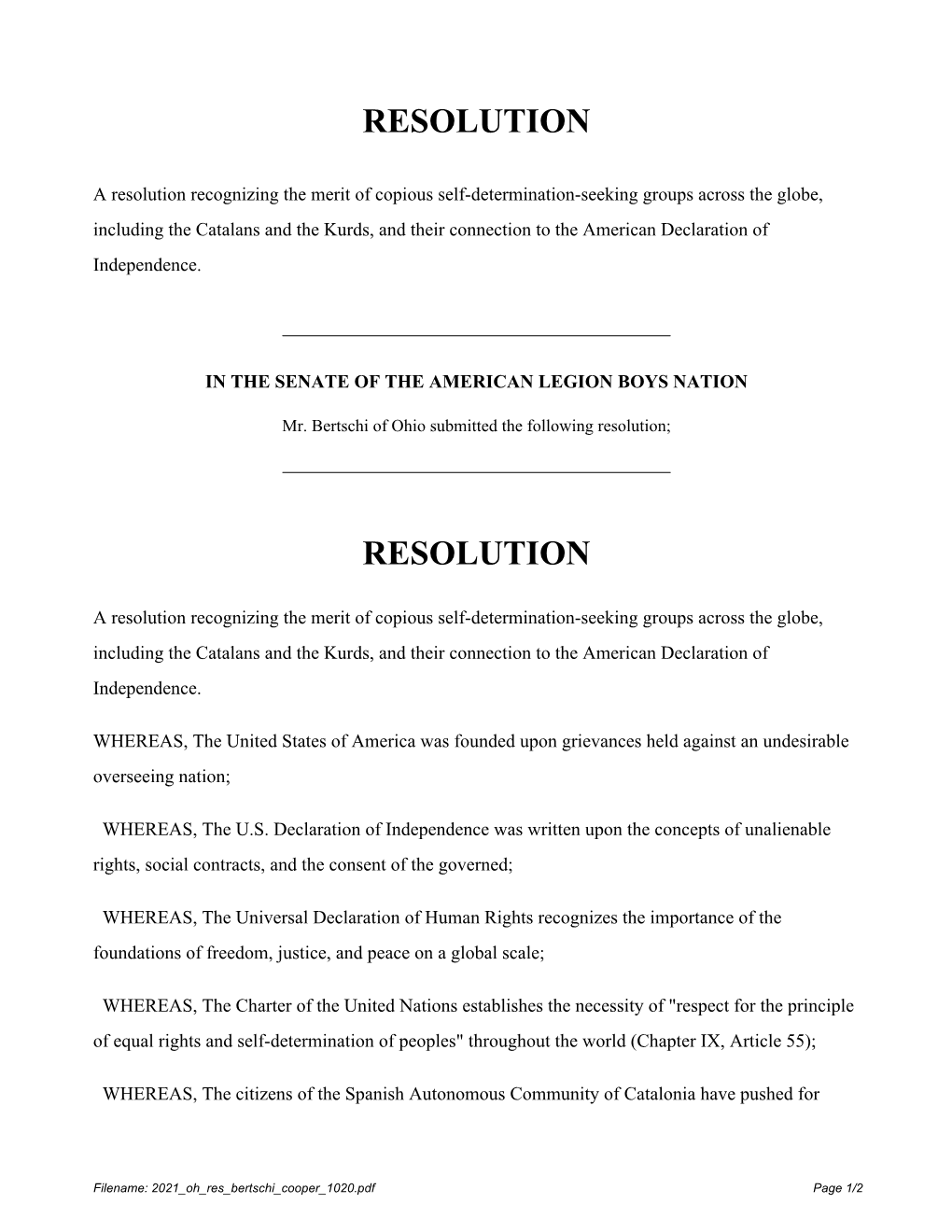 A Resolution Recognizing the Merit of Copious Self-Determination-Seeking