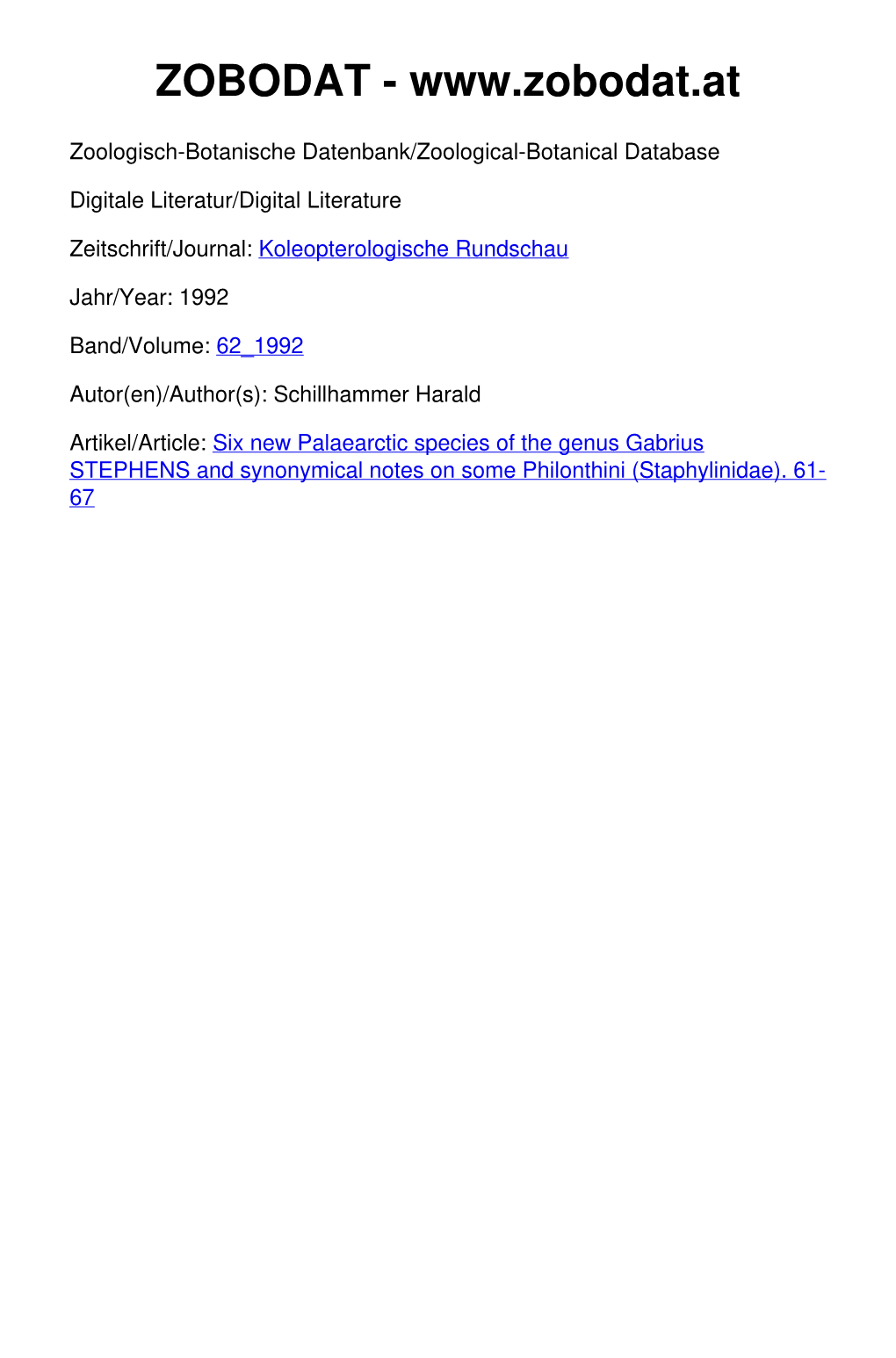 Six New Palaearctic Species of the Genus Gabrius STEPHENS and Synonymical Notes on Some Philonthini (Staphylinidae)