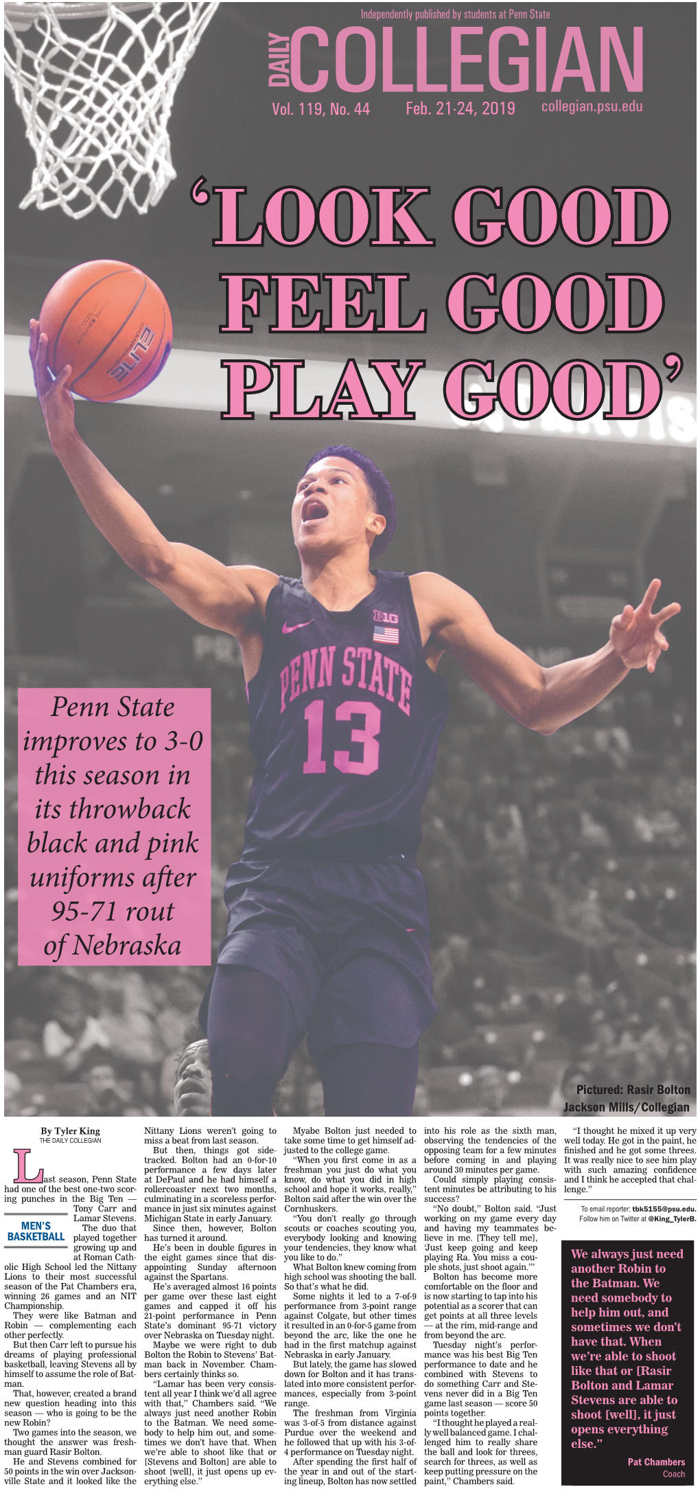 Penn State Improves to 3-0 This Season in Its Throwback Black and Pink Uniforms After 95-71 Rout of Nebraska