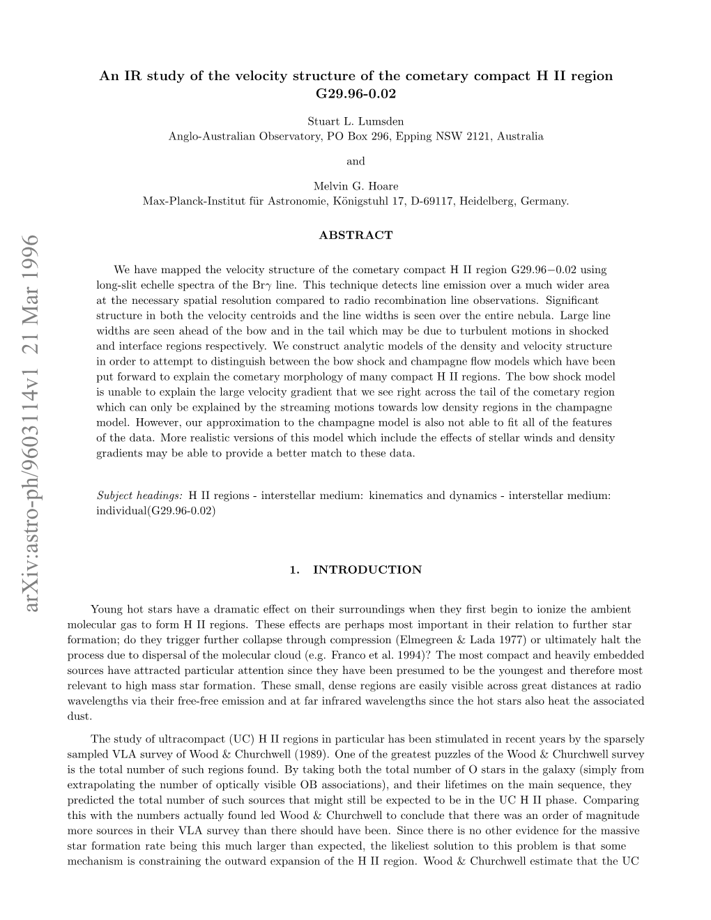 An IR Study of the Velocity Structure of the Cometary Compact HII Region