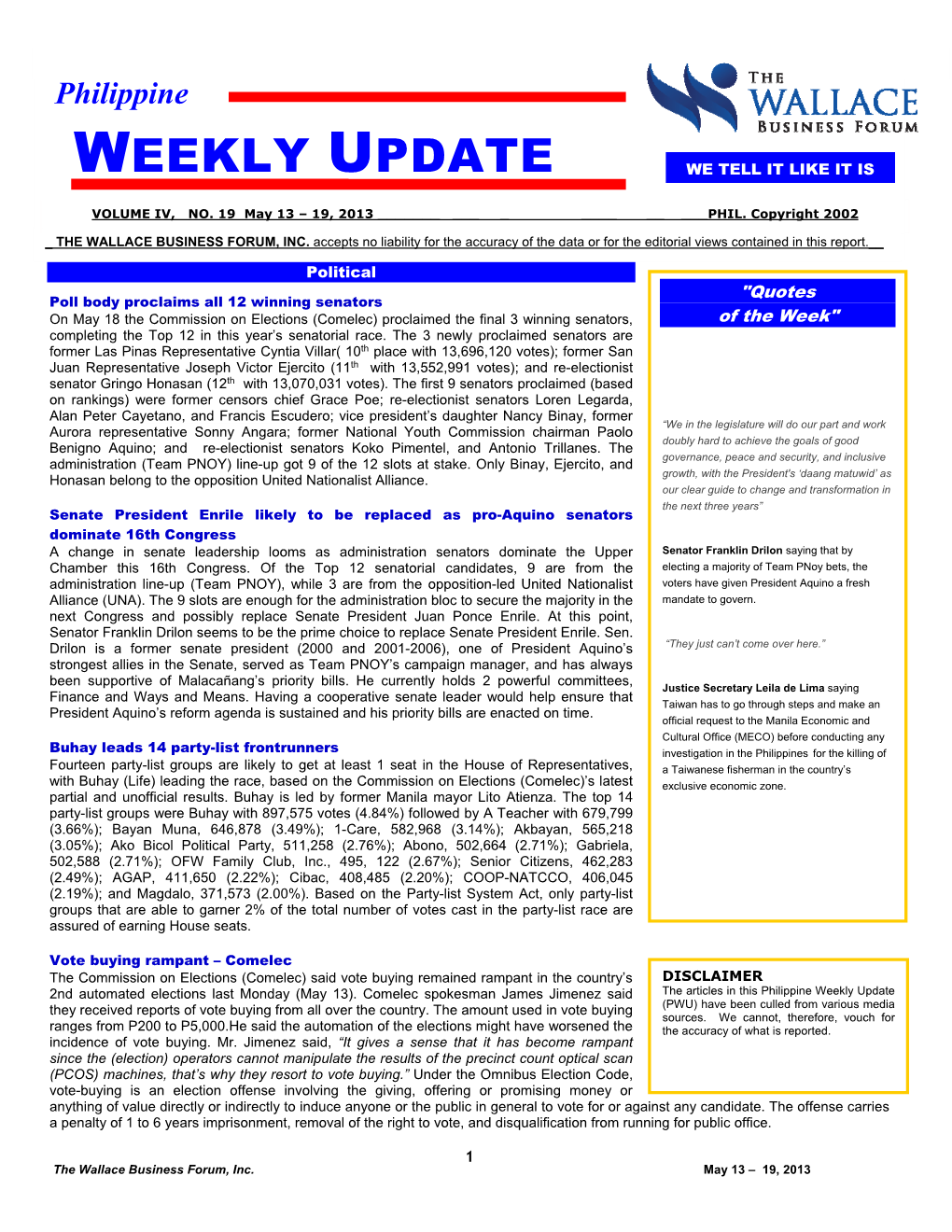 Philippine Weeklyphilippine Update