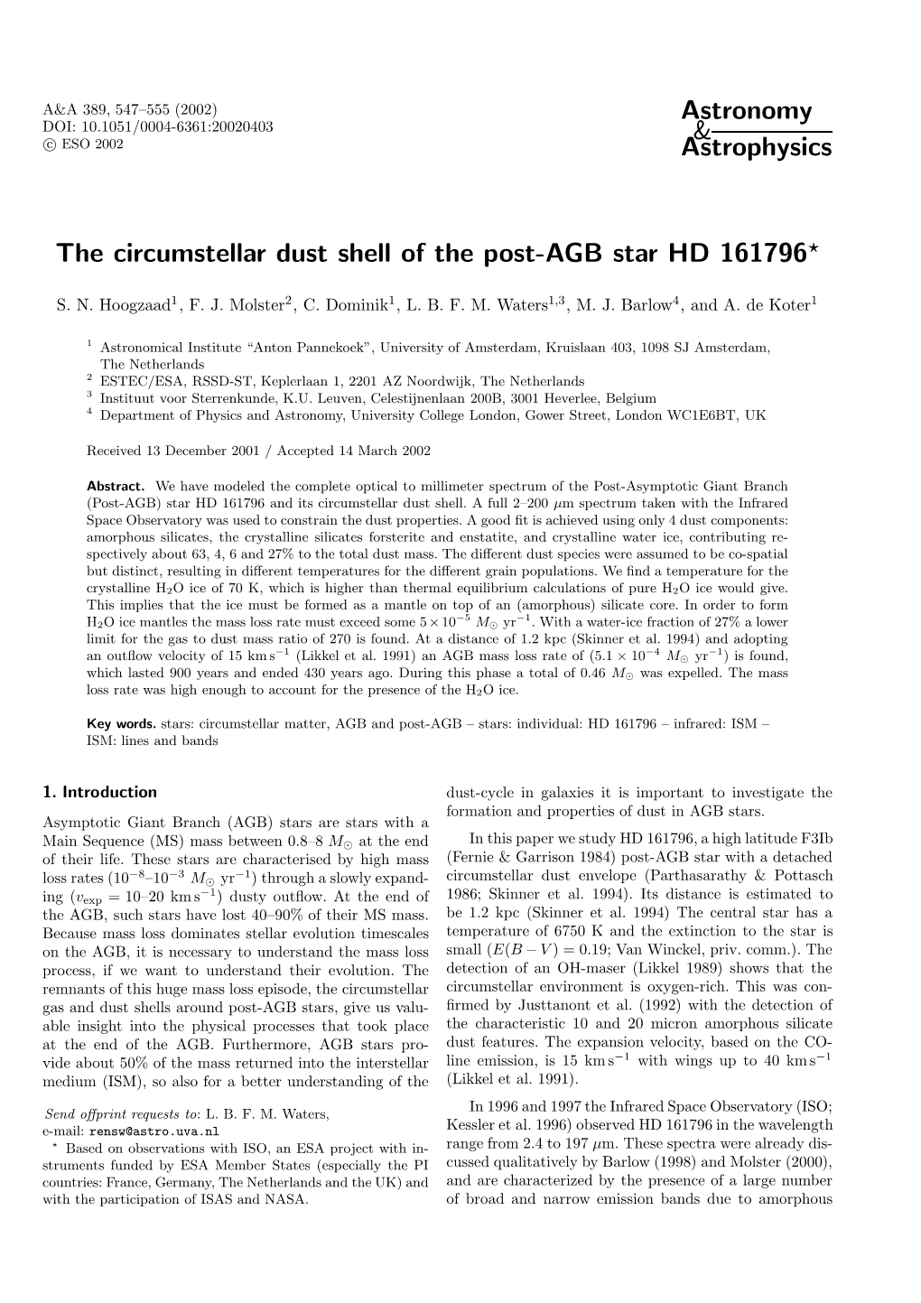 Astronomy & Astrophysics the Circumstellar Dust Shell of the Post-AGB Star HD 161796