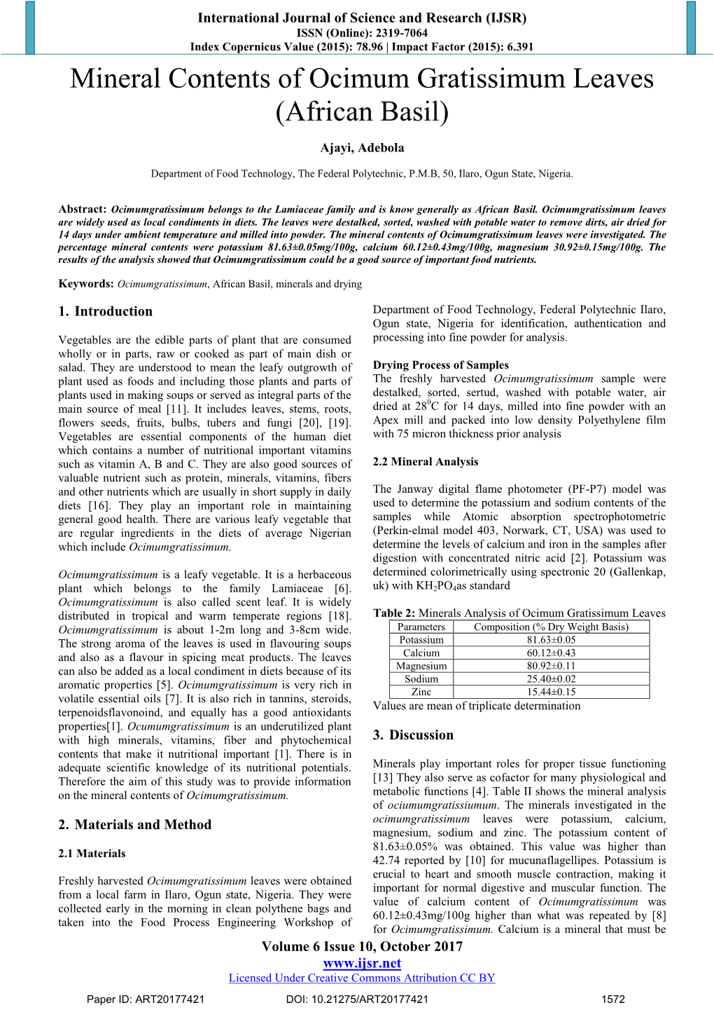 Mineral Contents of Ocimum Gratissimum Leaves (African Basil)