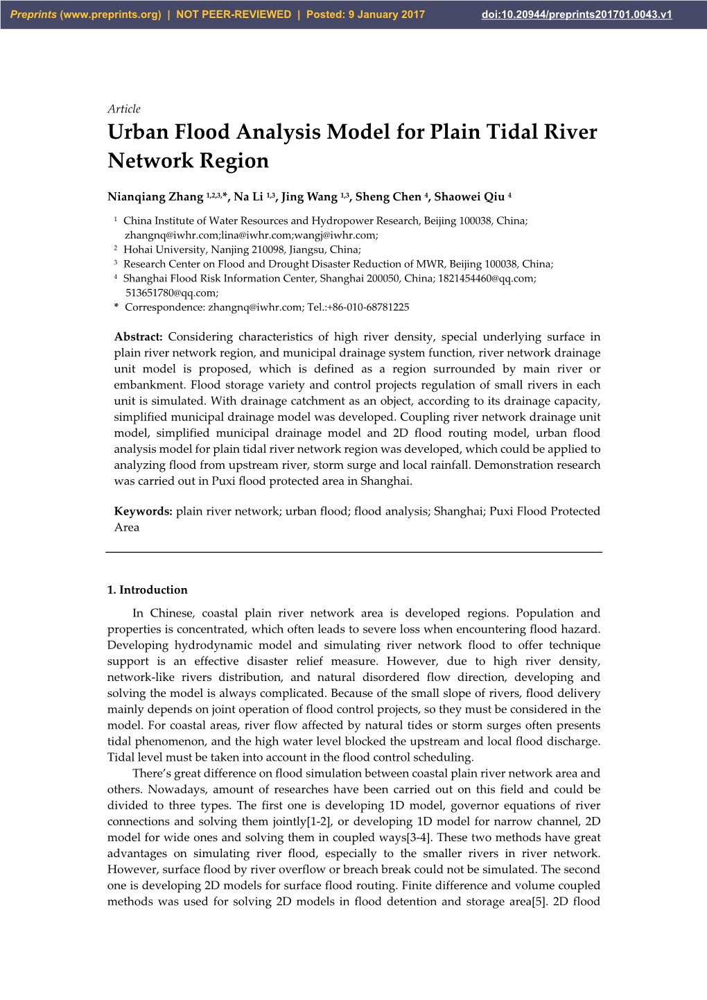 Urban Flood Analysis Model for Plain Tidal River Network Region