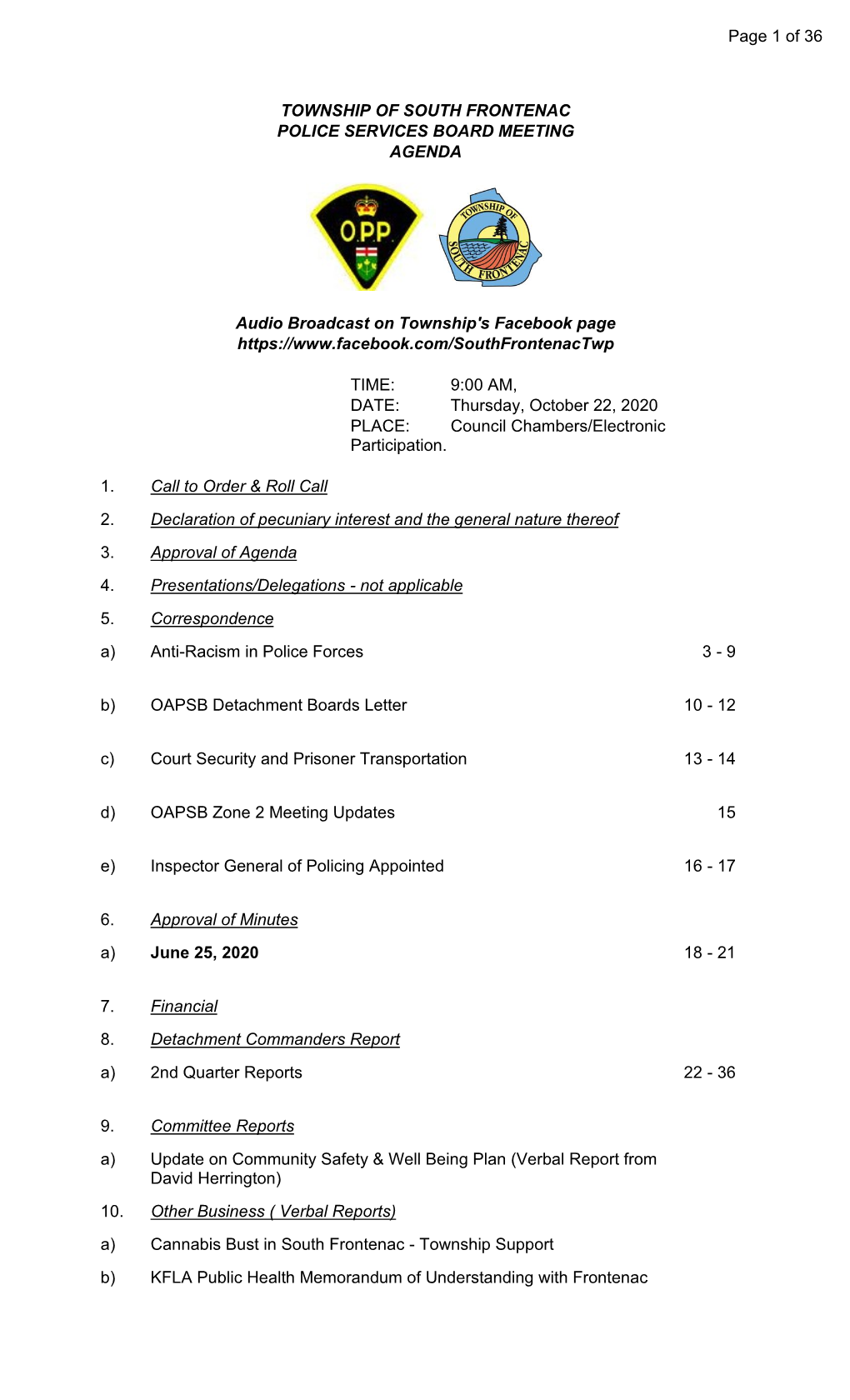 Police Services Board Meeting Agenda
