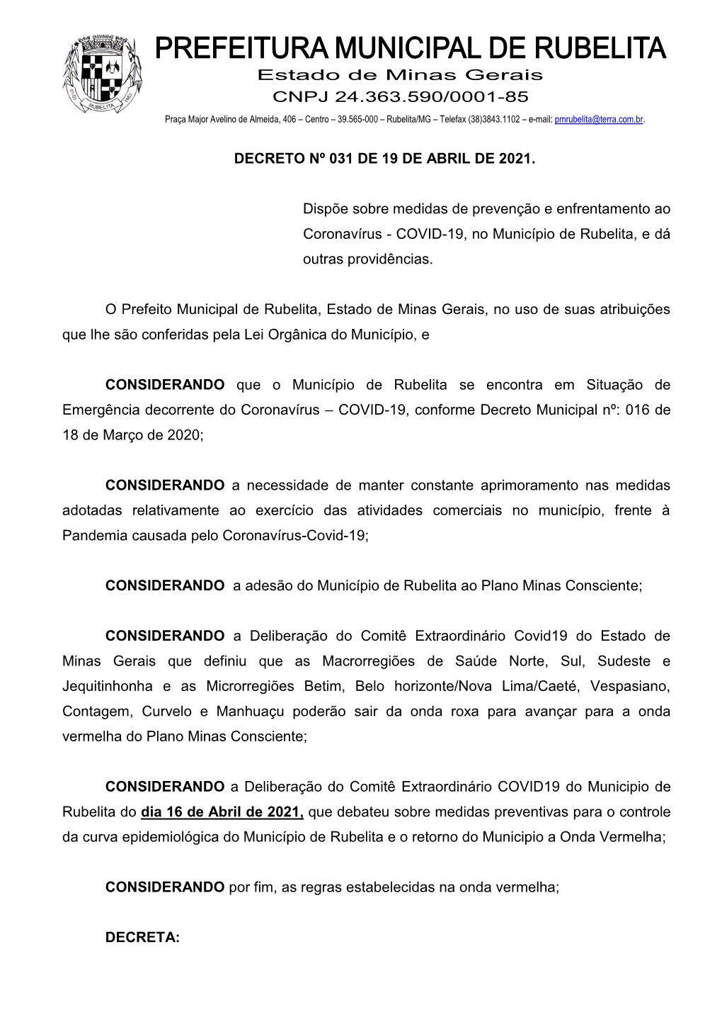 Decreto Municipal Nº: 016 De 18 De Março De 2020;