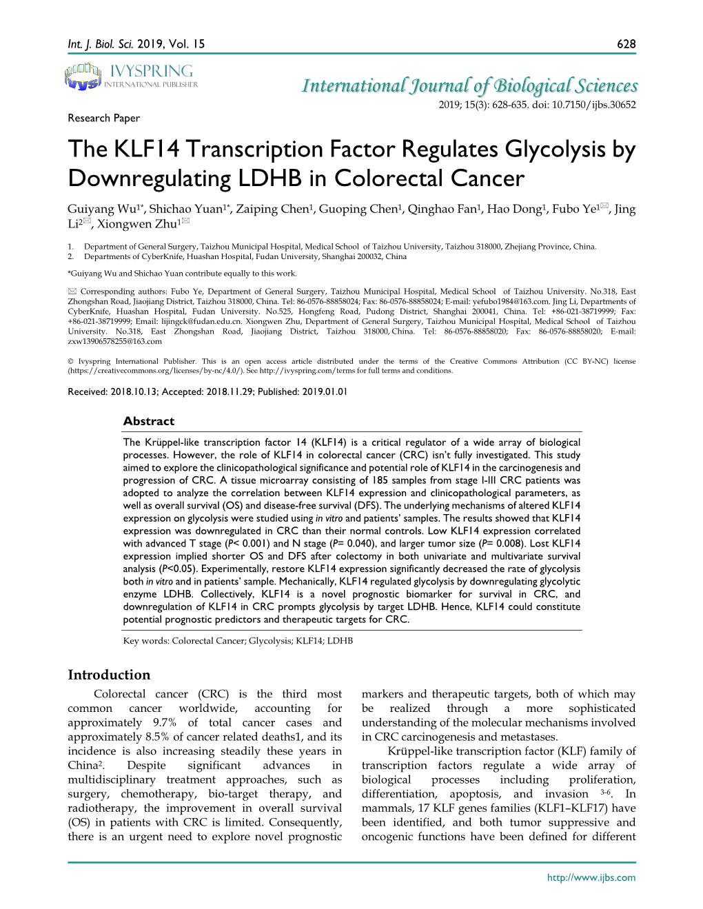 The KLF14 Transcription Factor Regulates Glycolysis by Downregulating LDHB in Colorectal Cancer