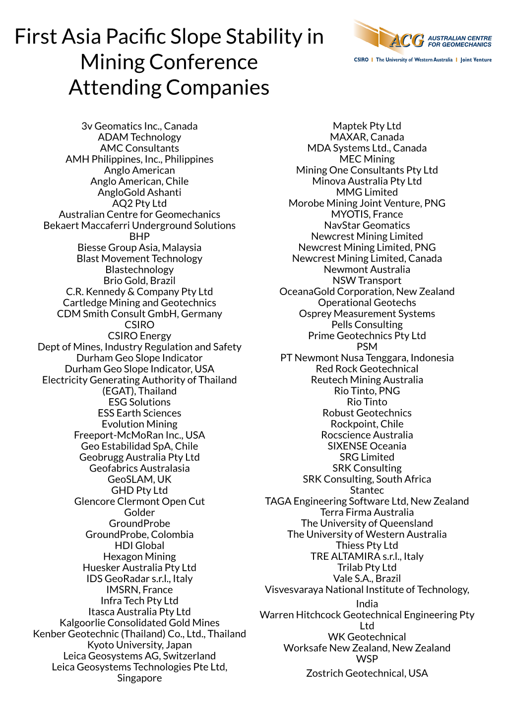 First Asia Pacific Slope Stability in Mining Conference Attending Companies
