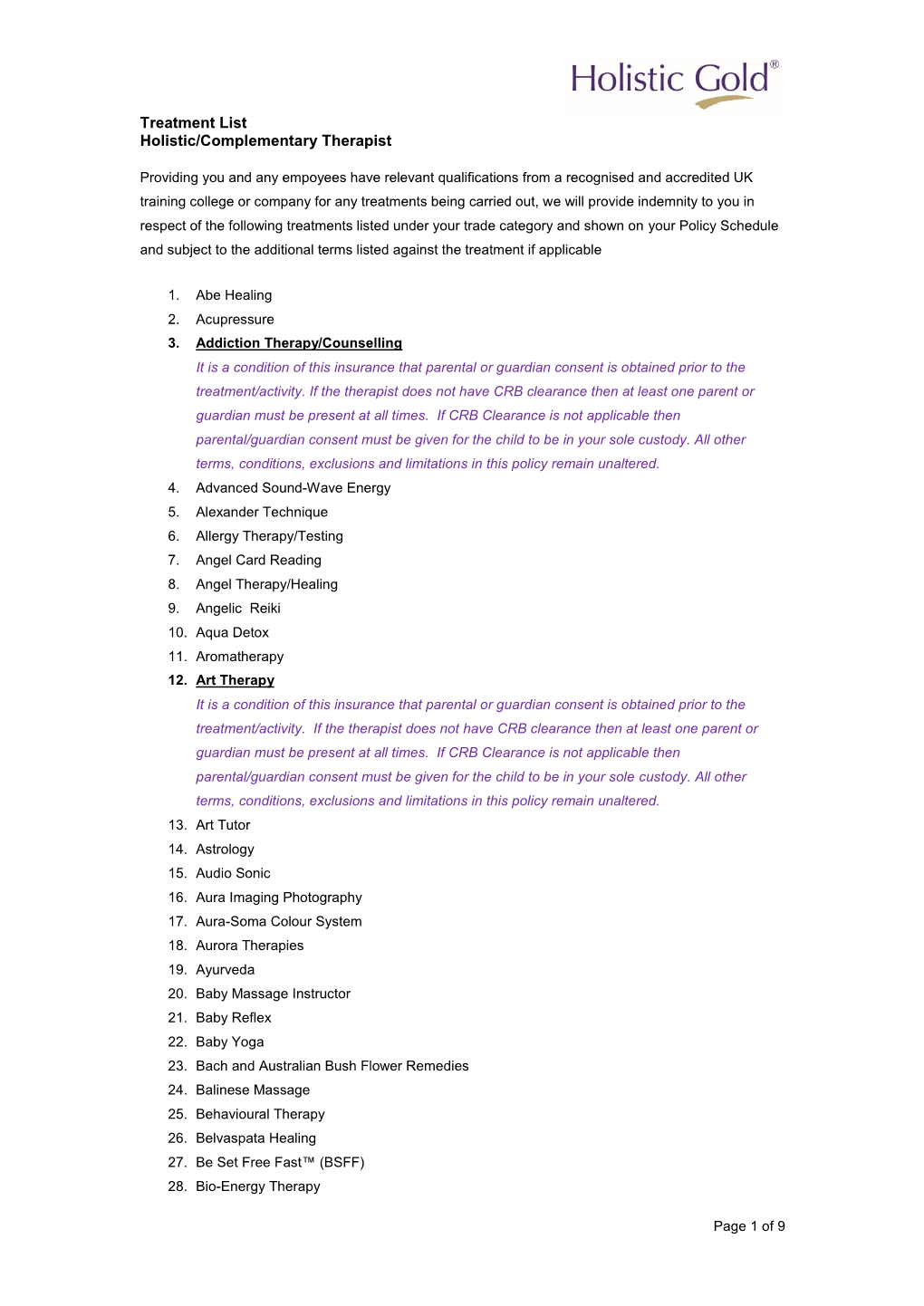 Treatment List Holistic/Complementary Therapist