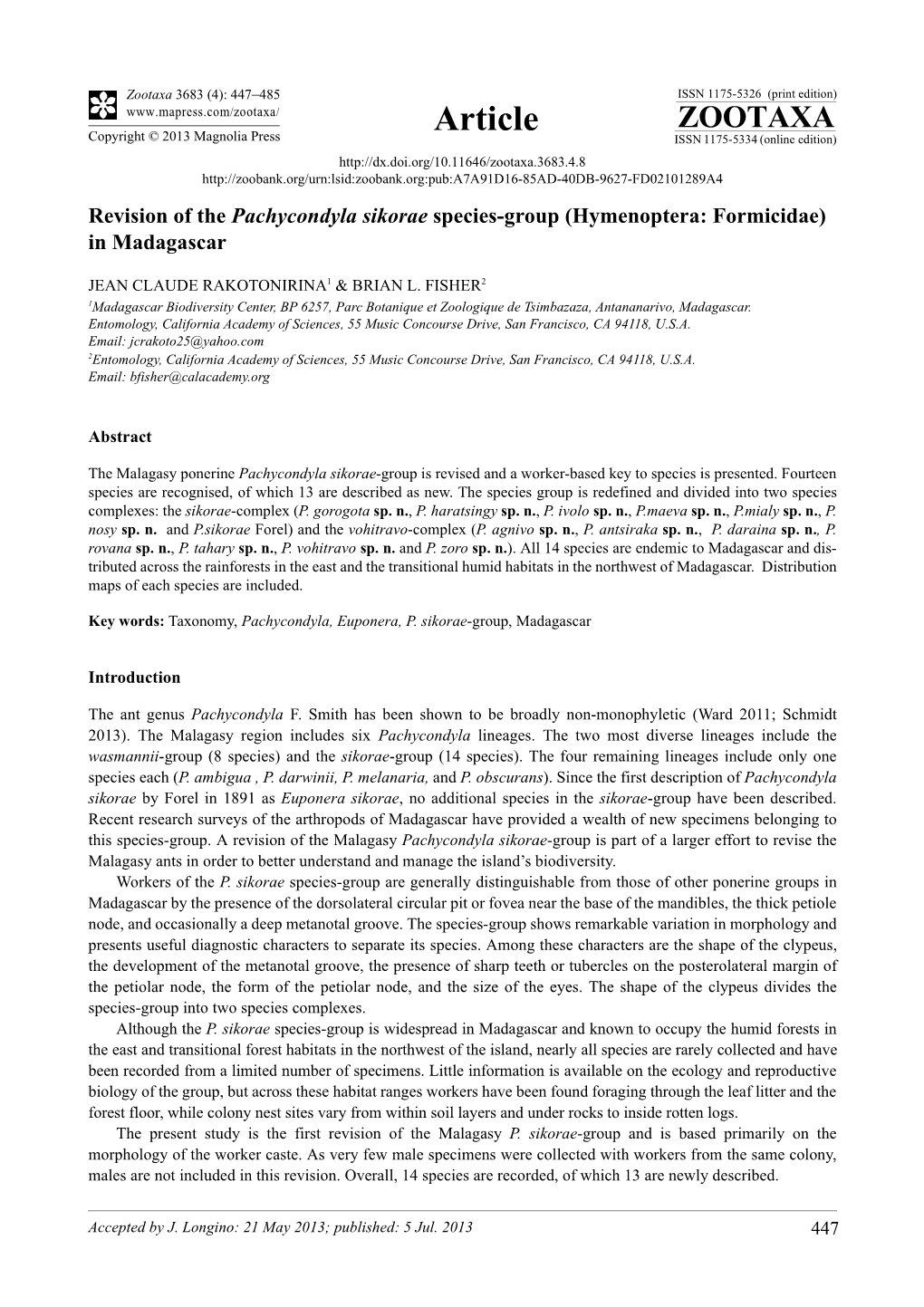 Revision of the Pachycondyla Sikorae Species-Group (Hymenoptera: Formicidae) in Madagascar