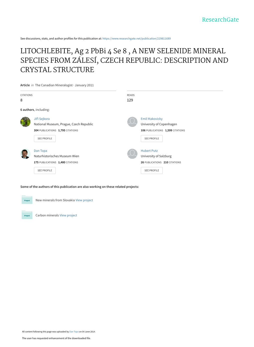 LITOCHLEBITE, Ag 2 Pbbi 4 Se 8 , a NEW SELENIDE MINERAL SPECIES from ZÁLESÍ, CZECH REPUBLIC: DESCRIPTION and CRYSTAL STRUCTURE