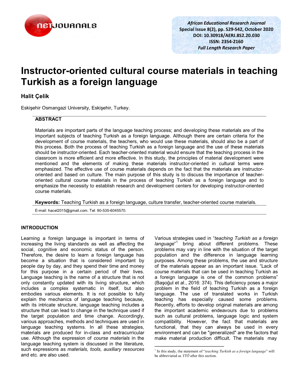 Instructor-Oriented Cultural Course Materials in Teaching Turkish As a Foreign Language
