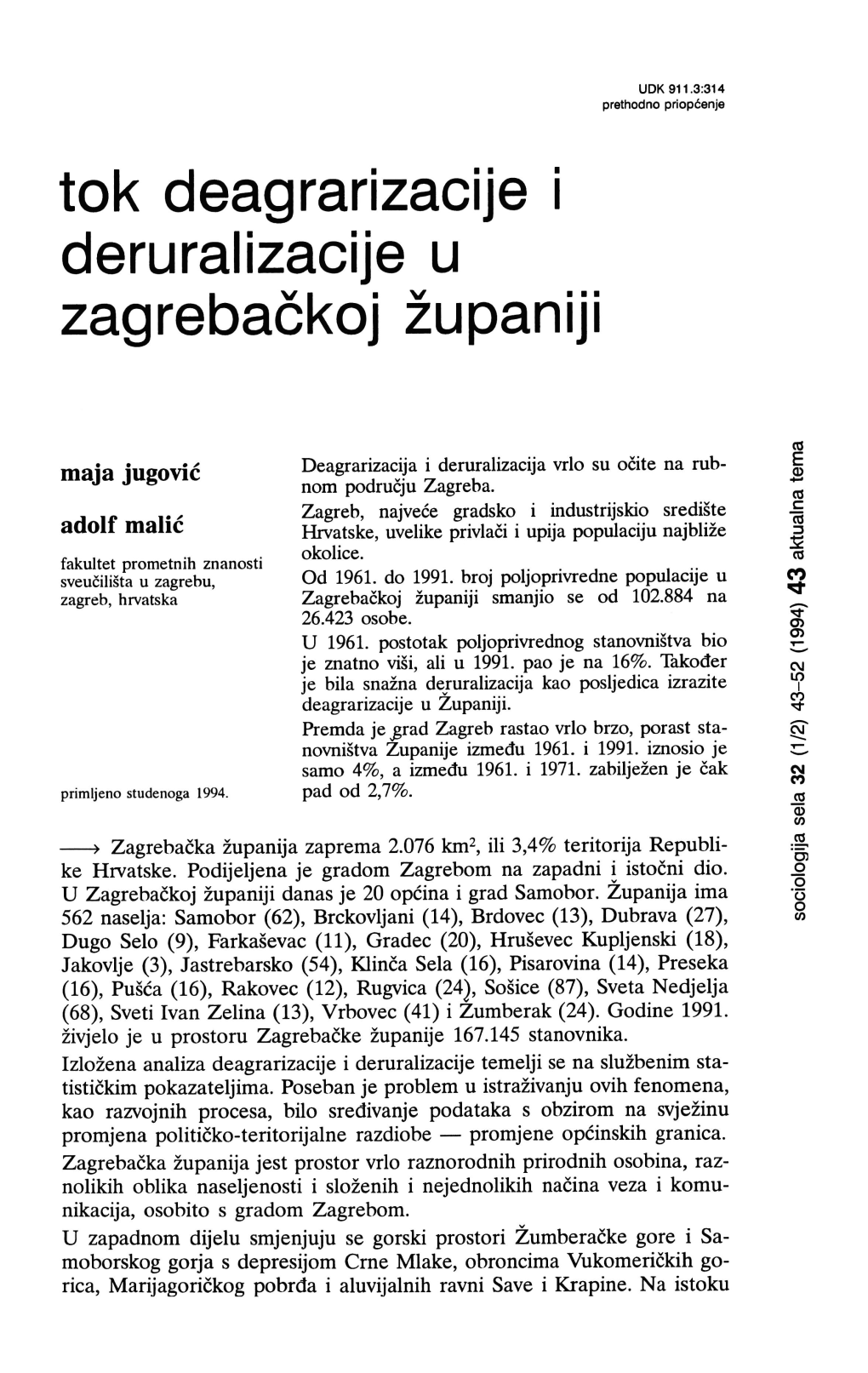 Tok Deagrarizacije I Deruralizacije U Zagrebačkoj Županiji